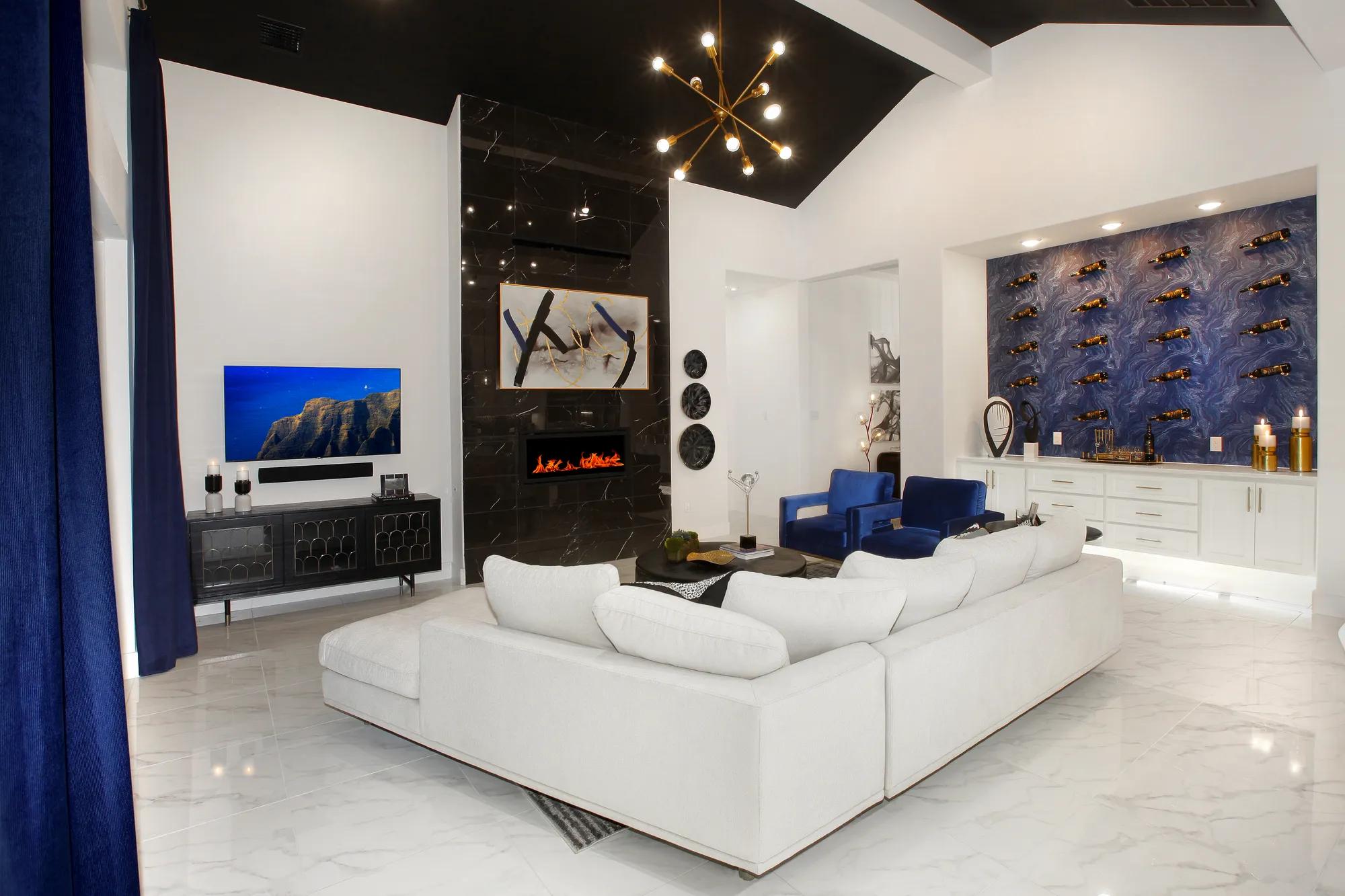 family room with contemporary fireplace