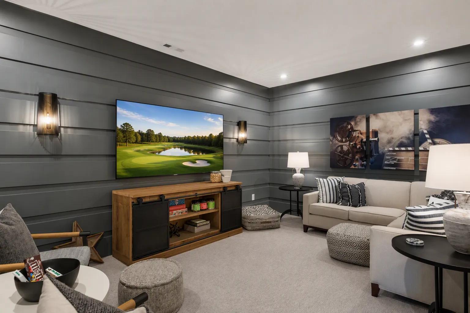 comfortable couch area with golf on the television