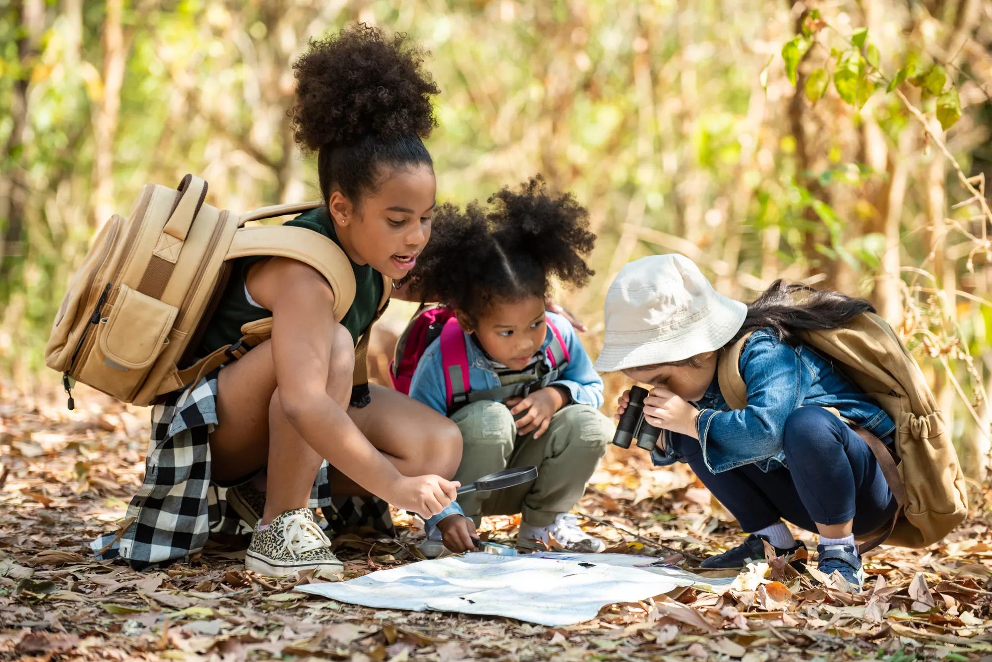 Kids hiking outside