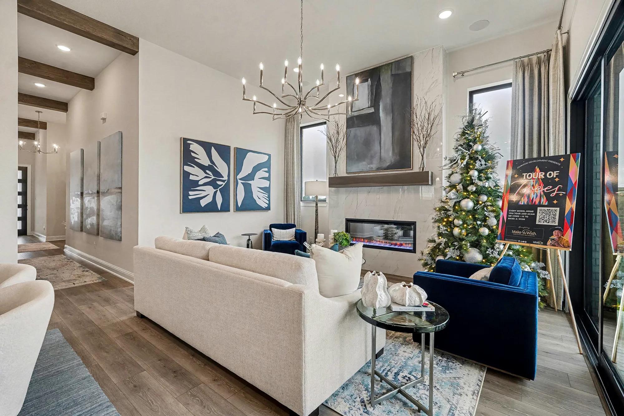 new family room with brick fireplace