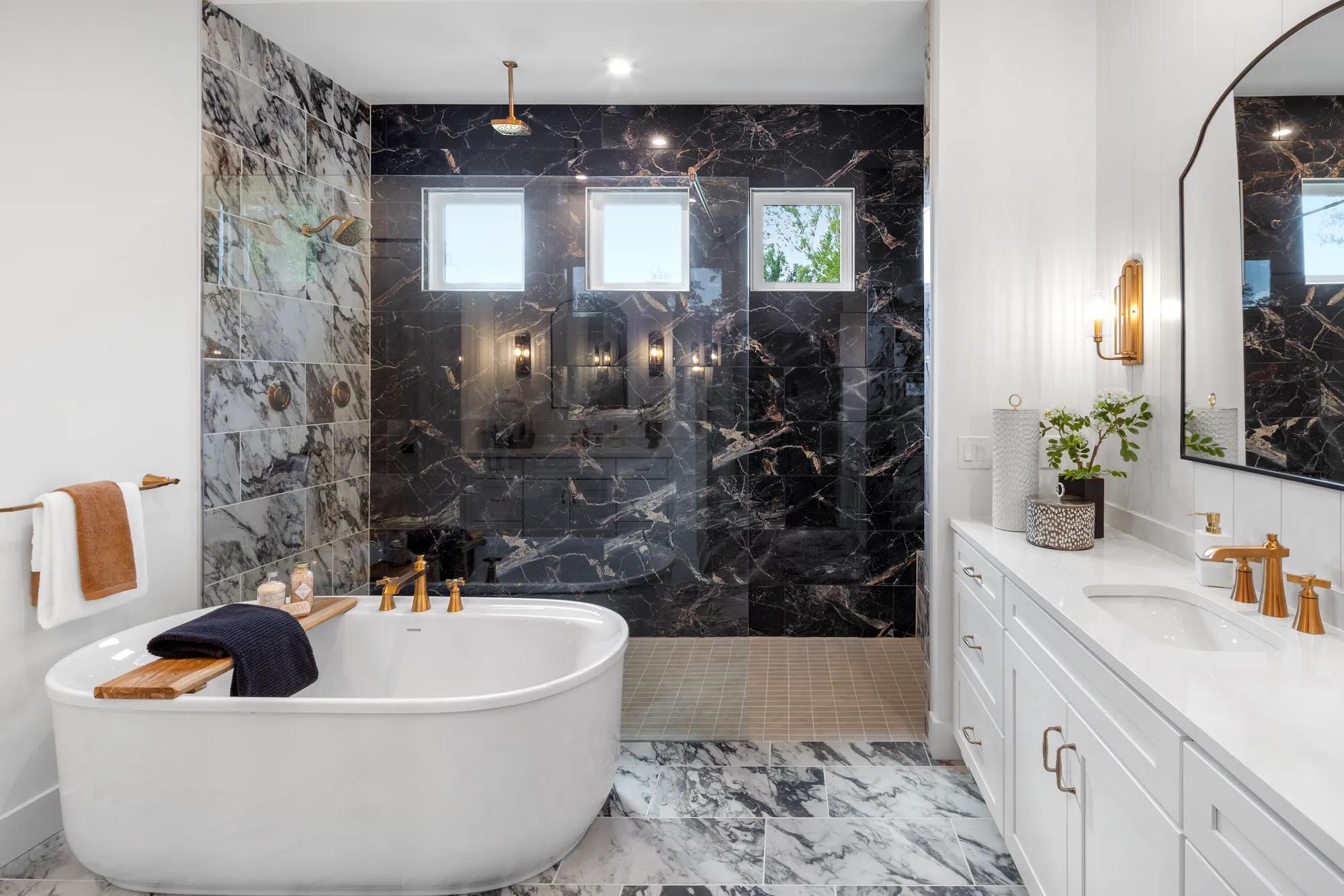 Primary Bath with zero-entry shower and freestanding tub