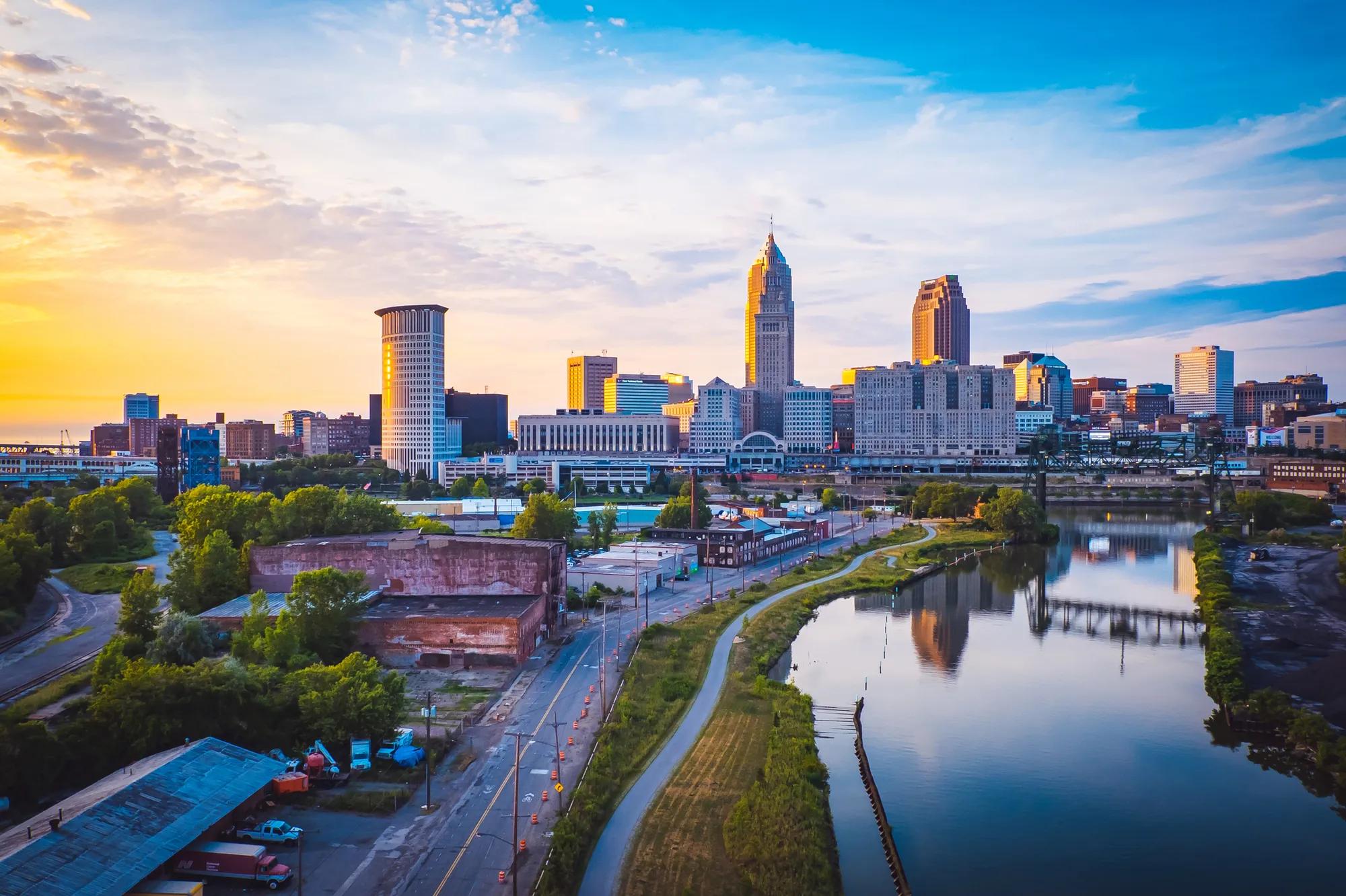 Cleveland, OH cityscape at sunset