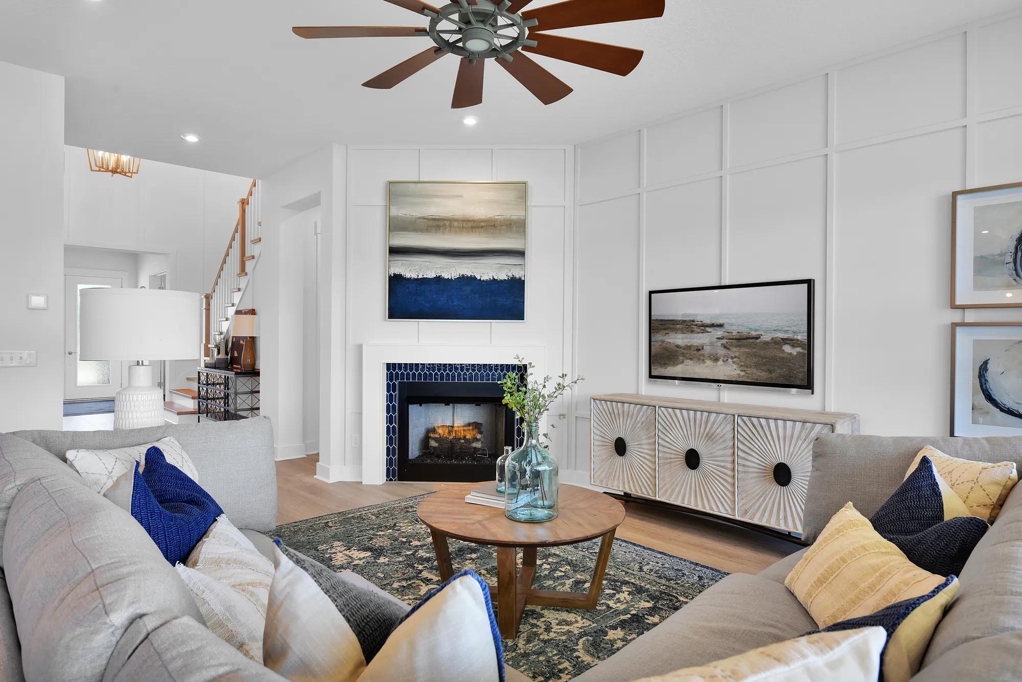 family room with corner fireplace