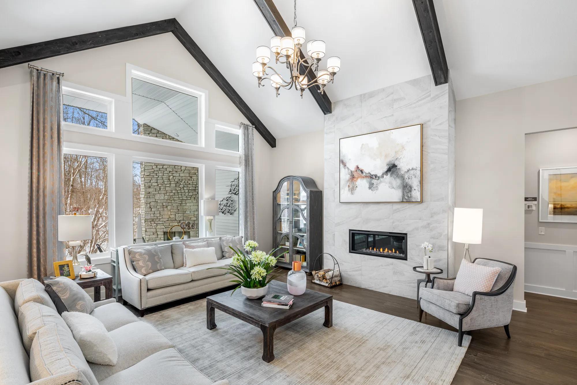 new family room with beam ceiling
