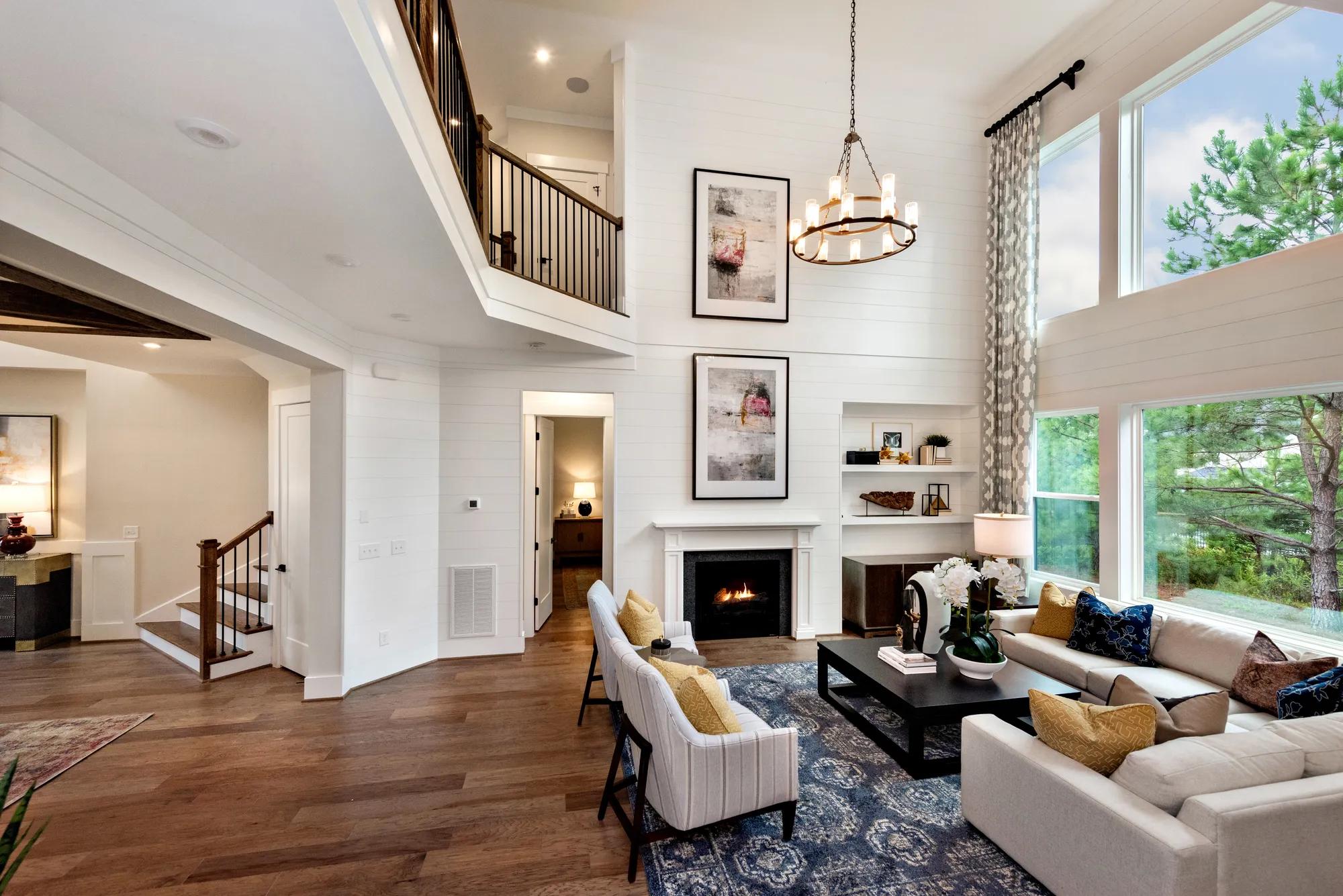 two-story family room with fireplace