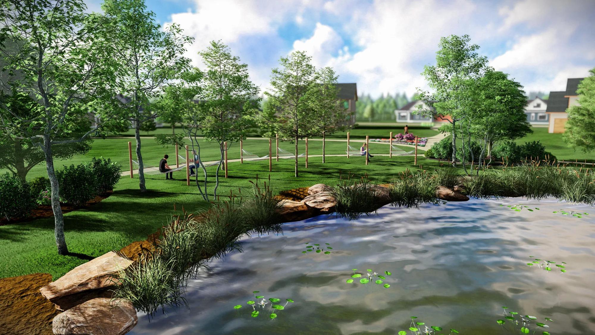 new home community park with lake