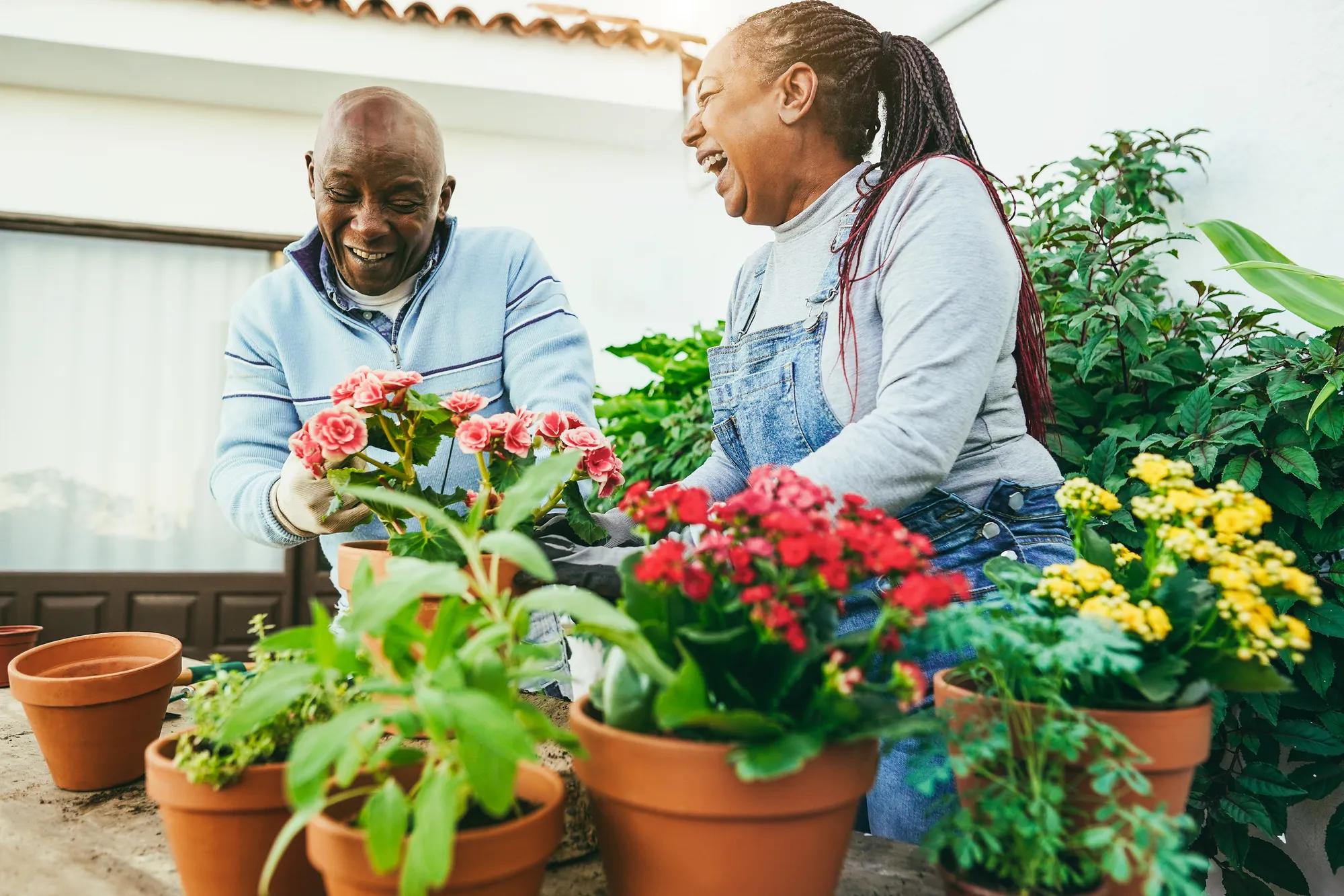 Couple potting flowers outside their new home