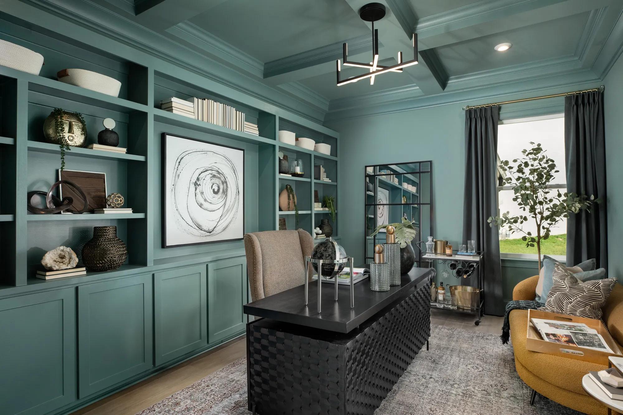 home office with custom built-in bookshelves