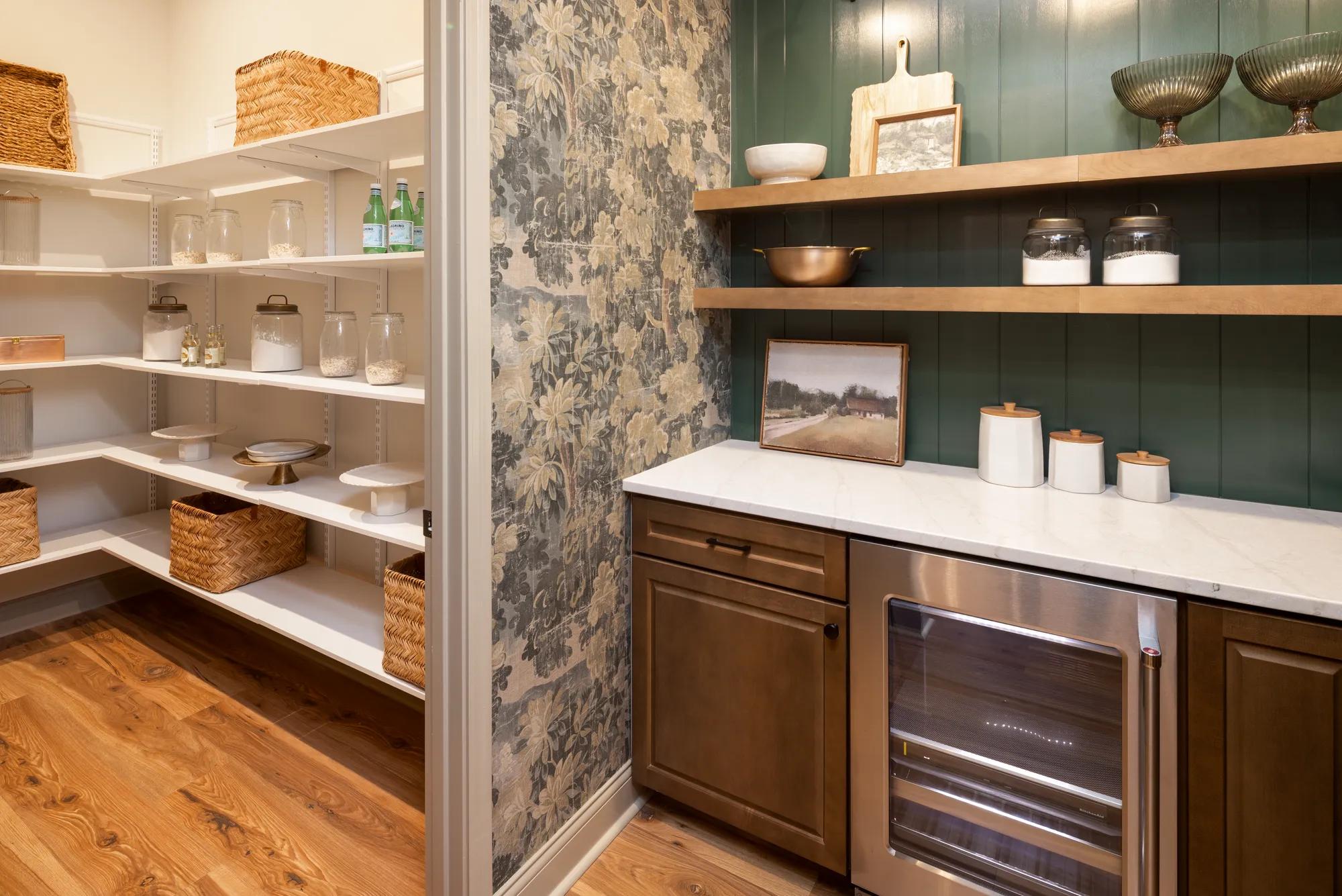 Custom home working pantry and walk-in pantry with shelf storage