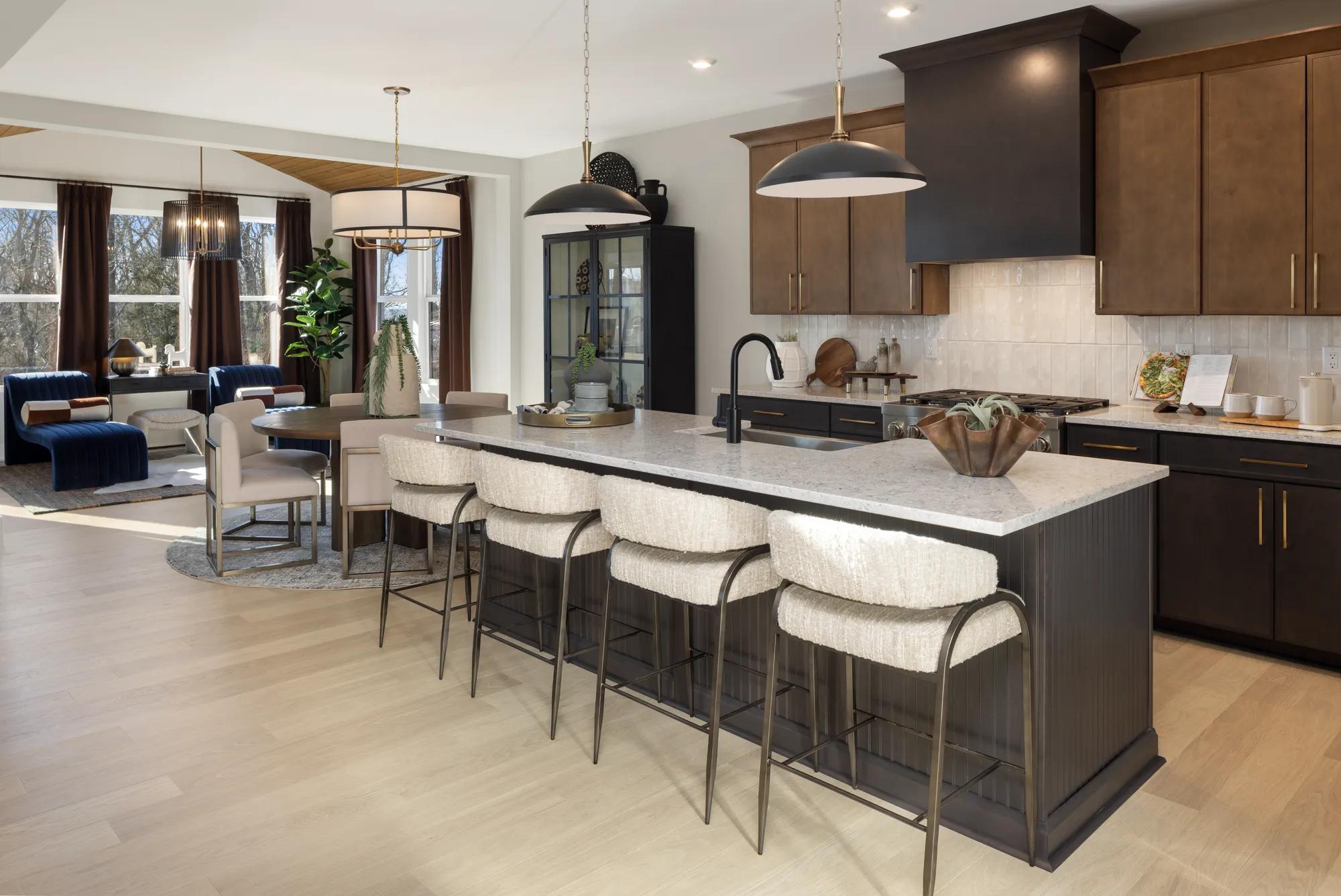 Custom home dining room and kitchen with island