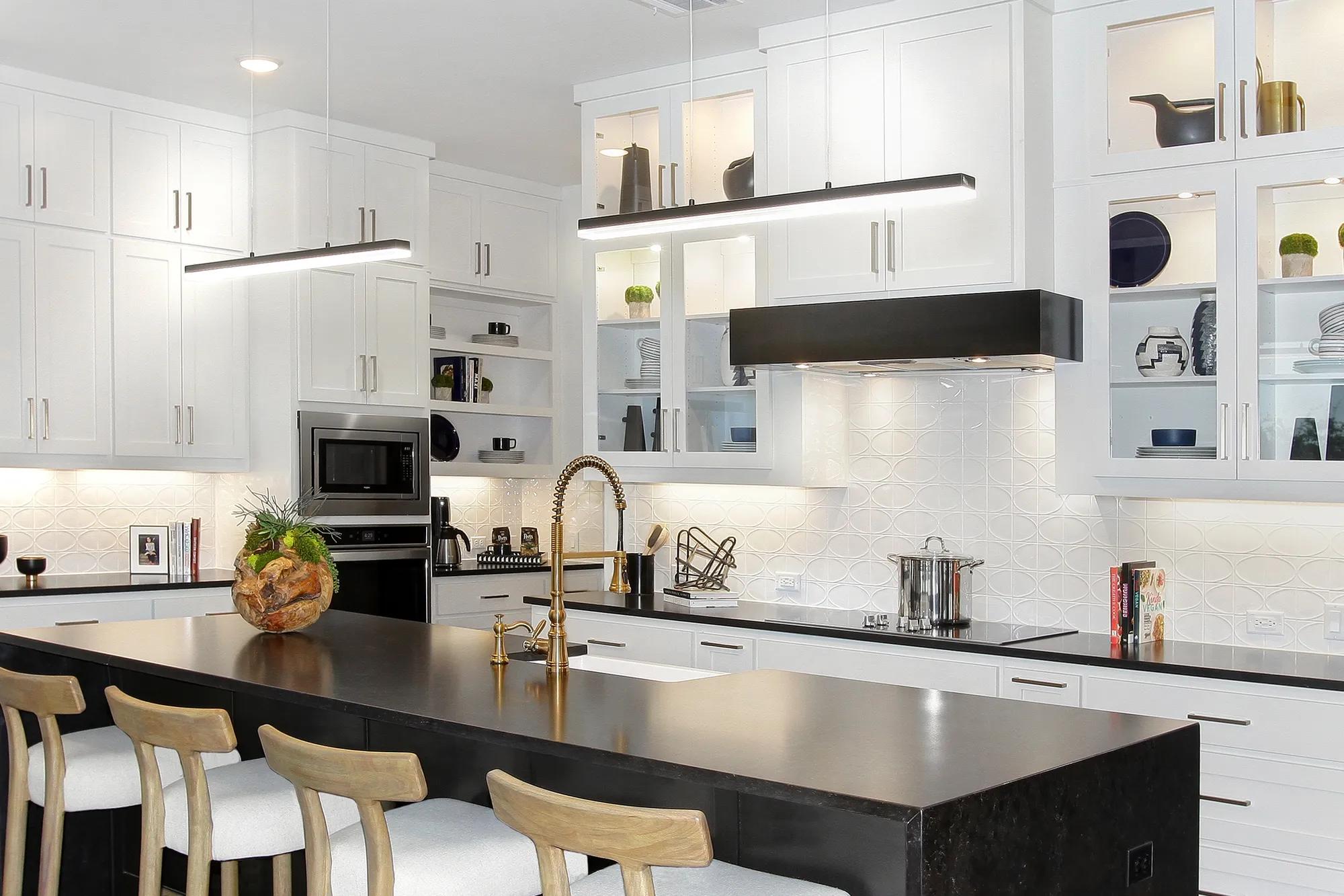 new kitchen island with waterfall quartz counter