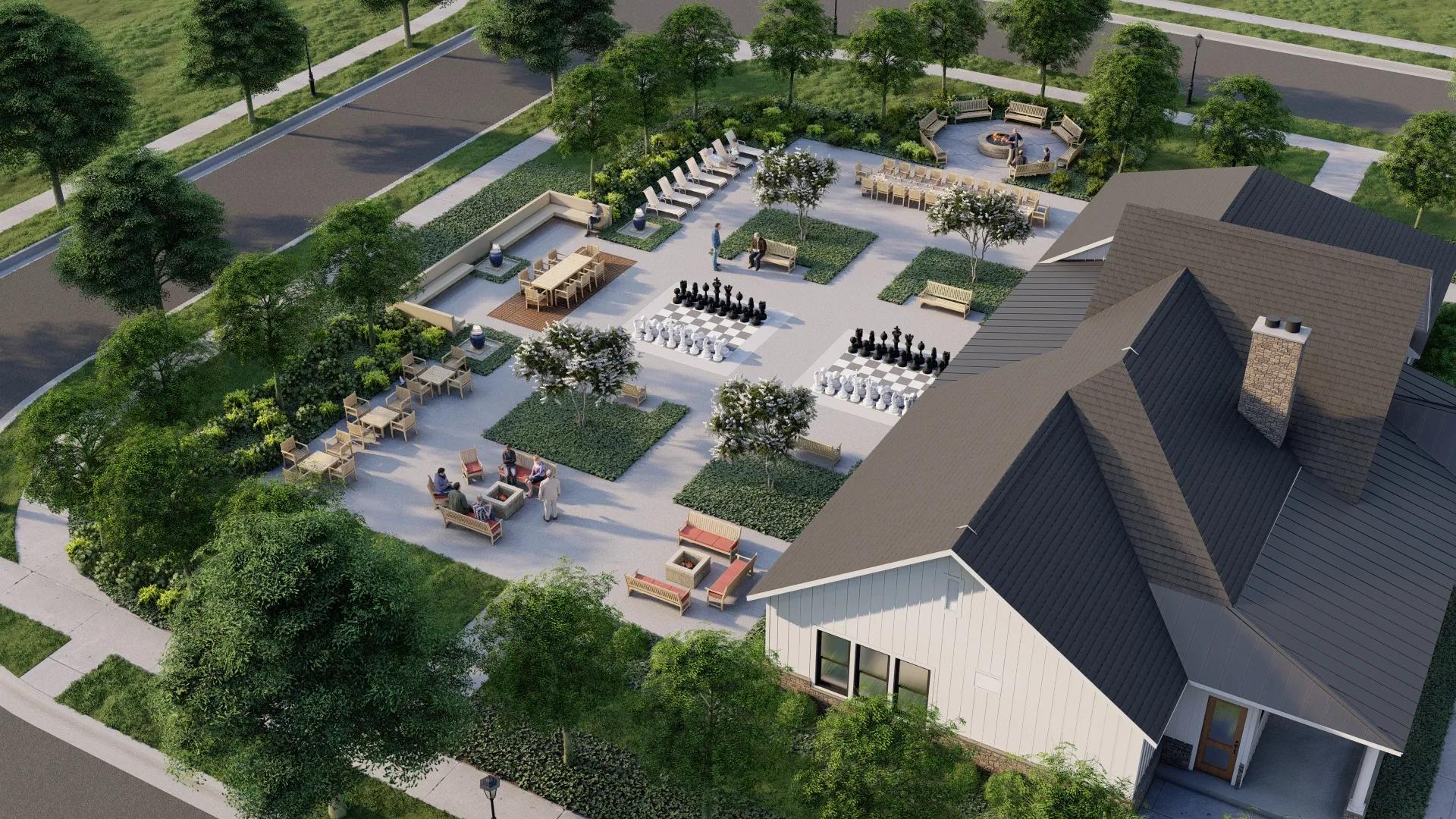 aerial view of clubhouse and park