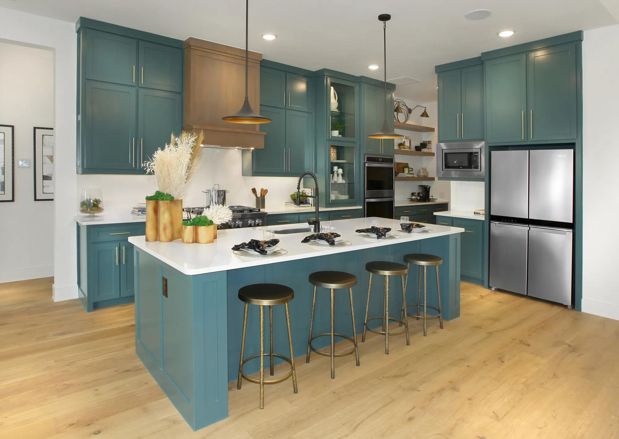 kitchen with blue painted cabinets