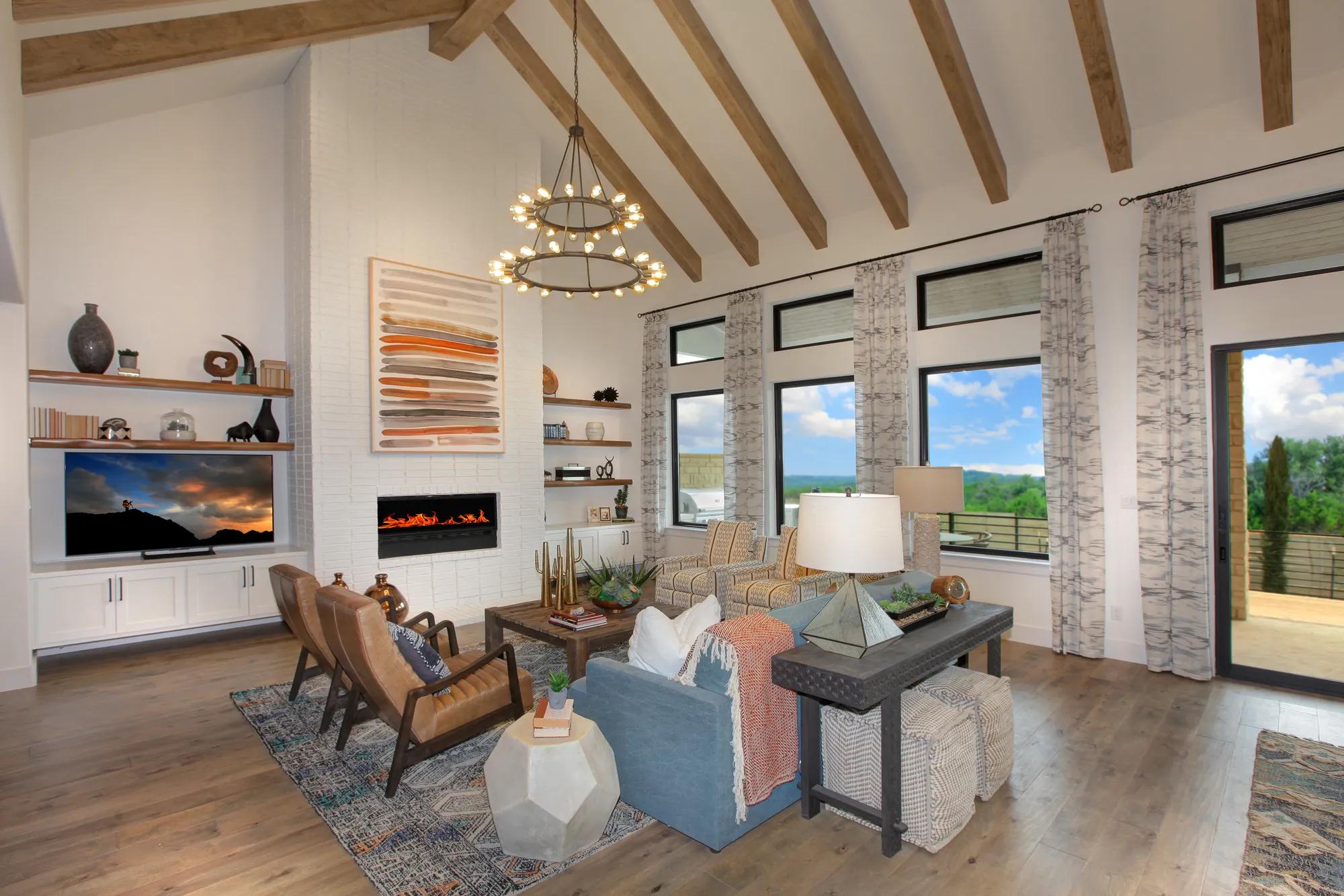 Family room with vaulted beam ceiling and fireplace