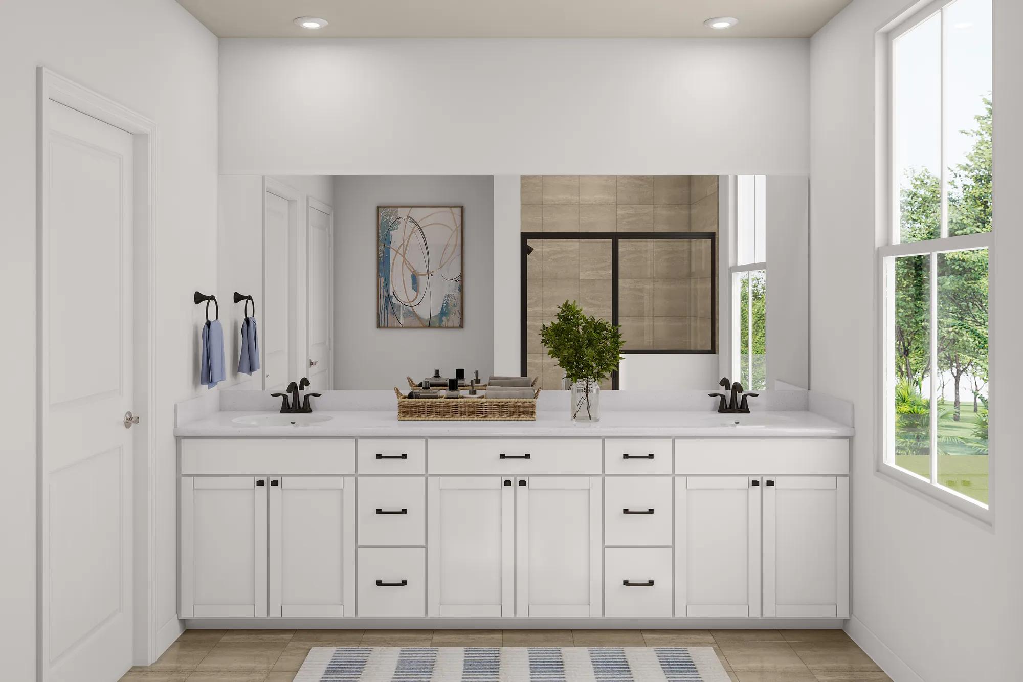 New townhome primary bathroom with double sink vanity