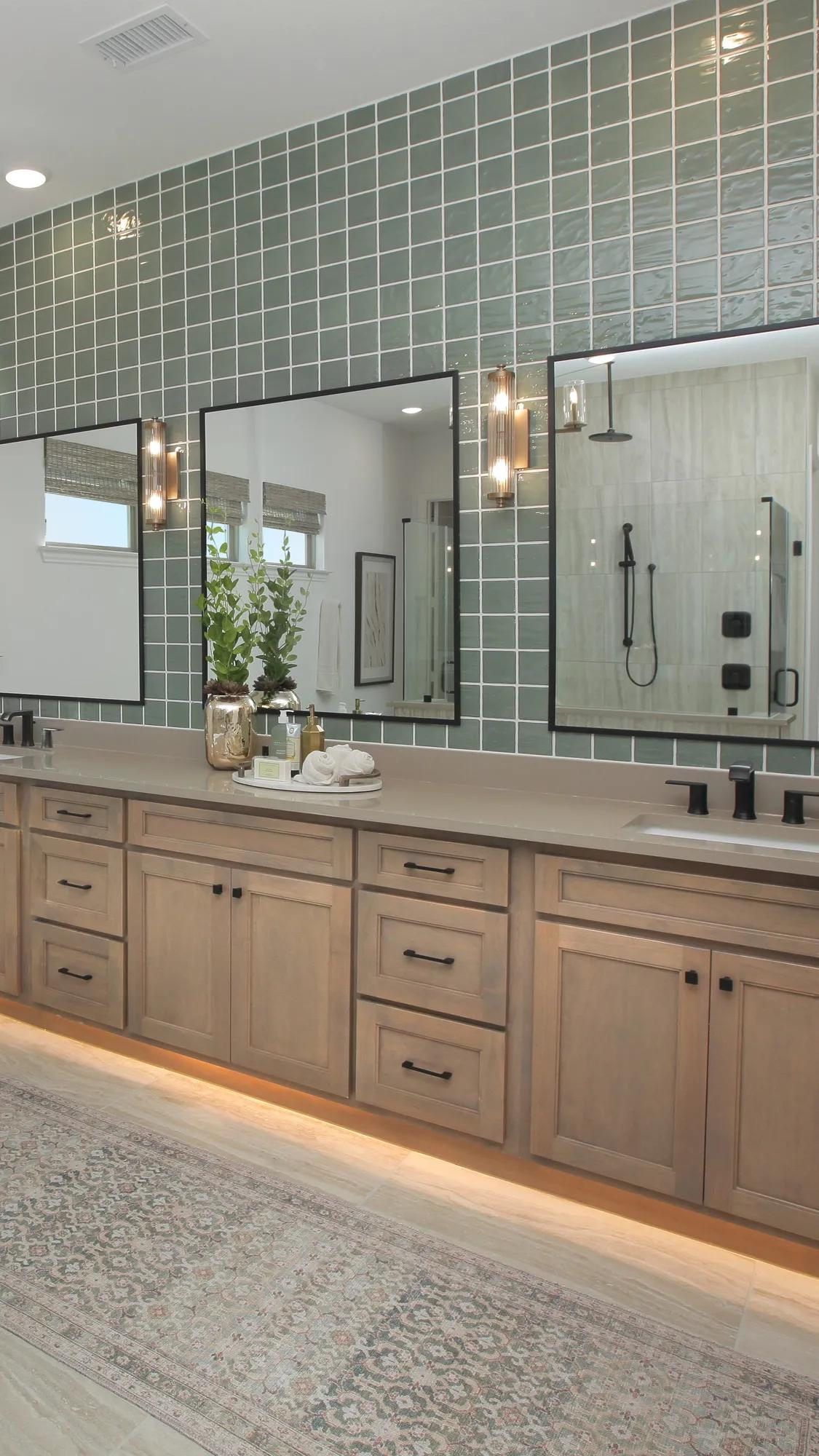 New home primary bathroom with double sink vanity and green tile wall