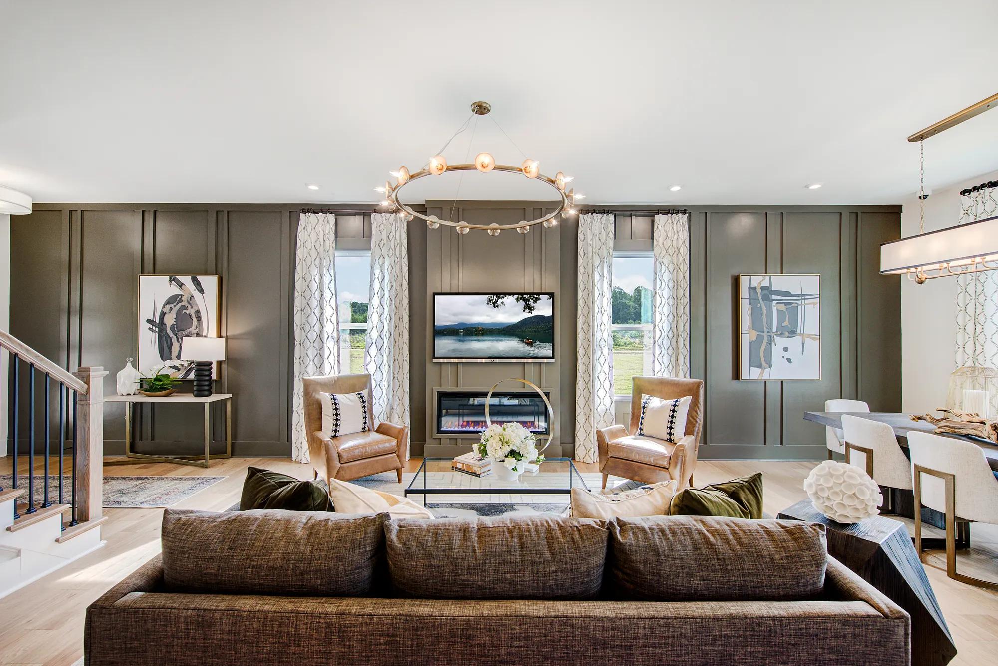 New home construction living room 
with luxury vinyl tile flooring
