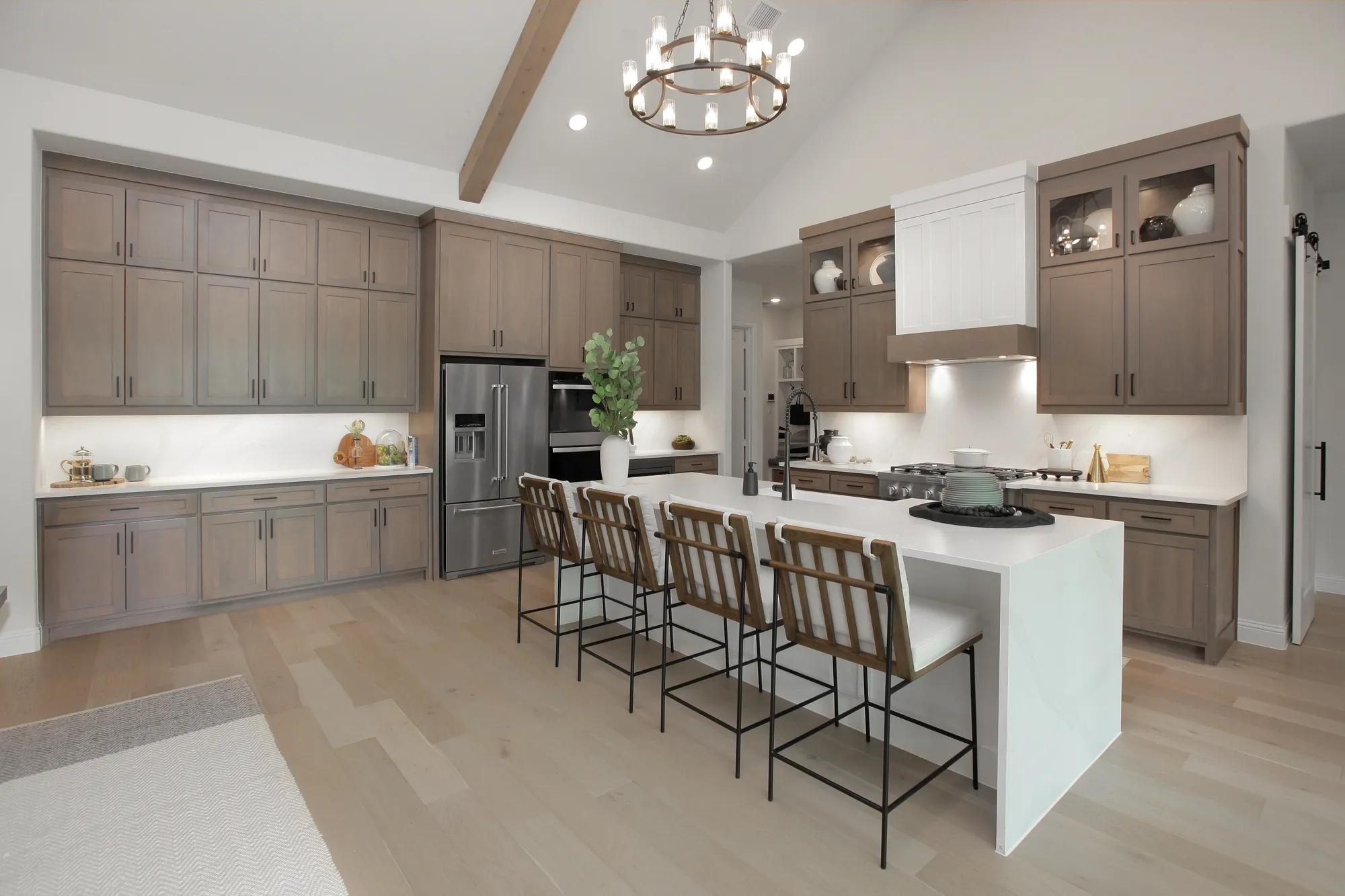 custom kitchen with dark wood cabinets