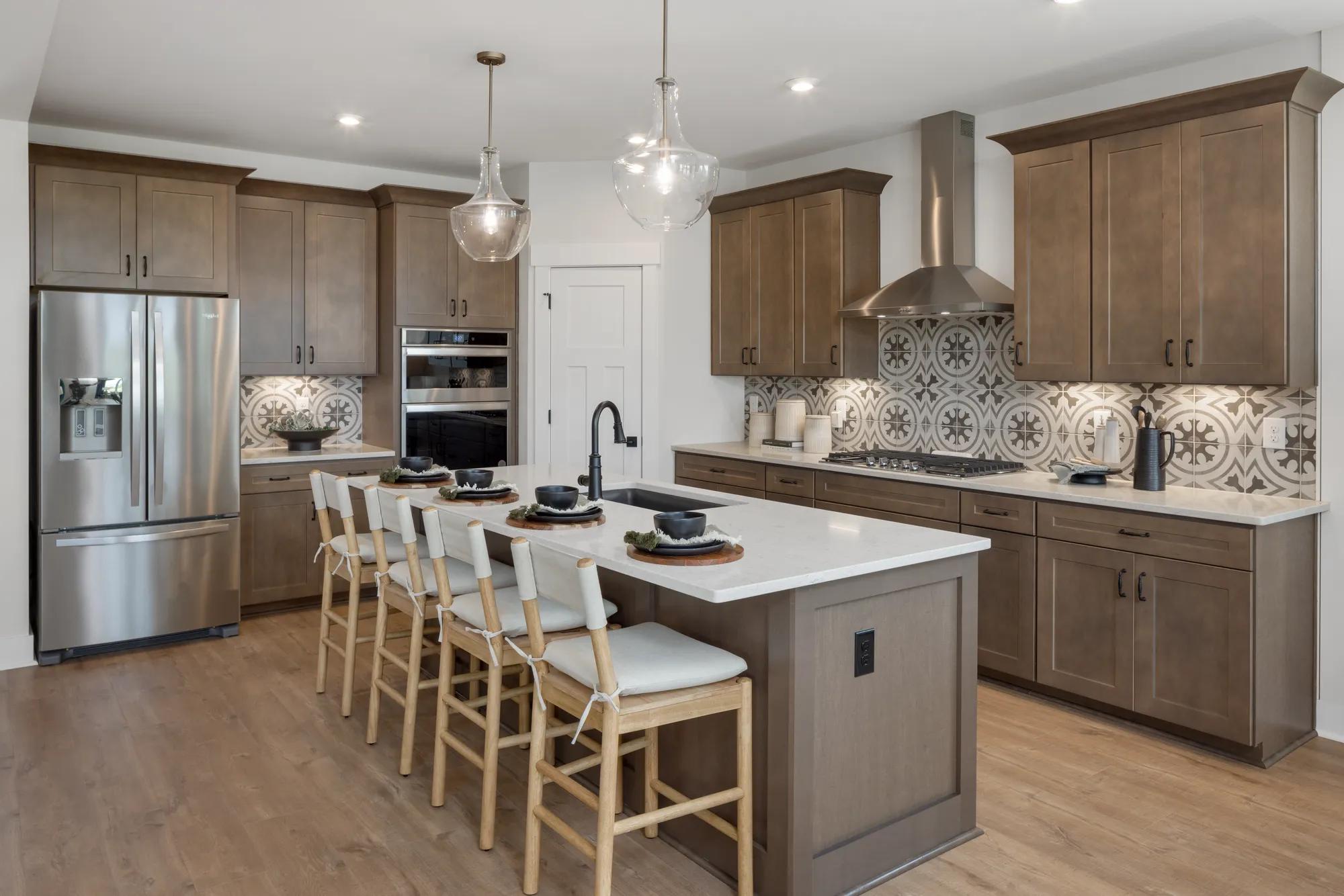 custom kitchen with dark wood cabinets