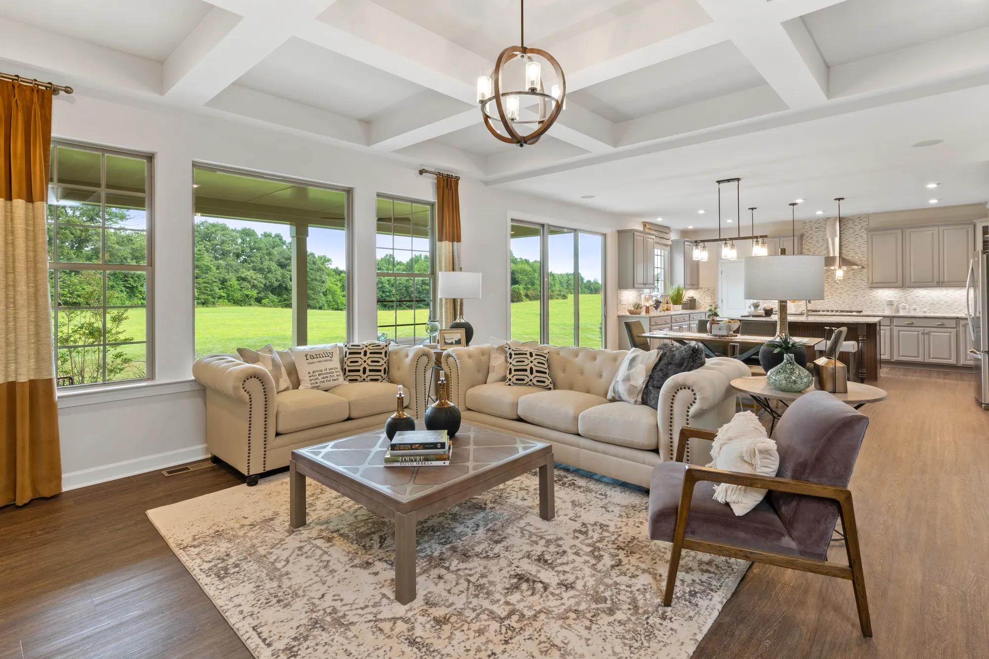 Family room with coffered ceiling