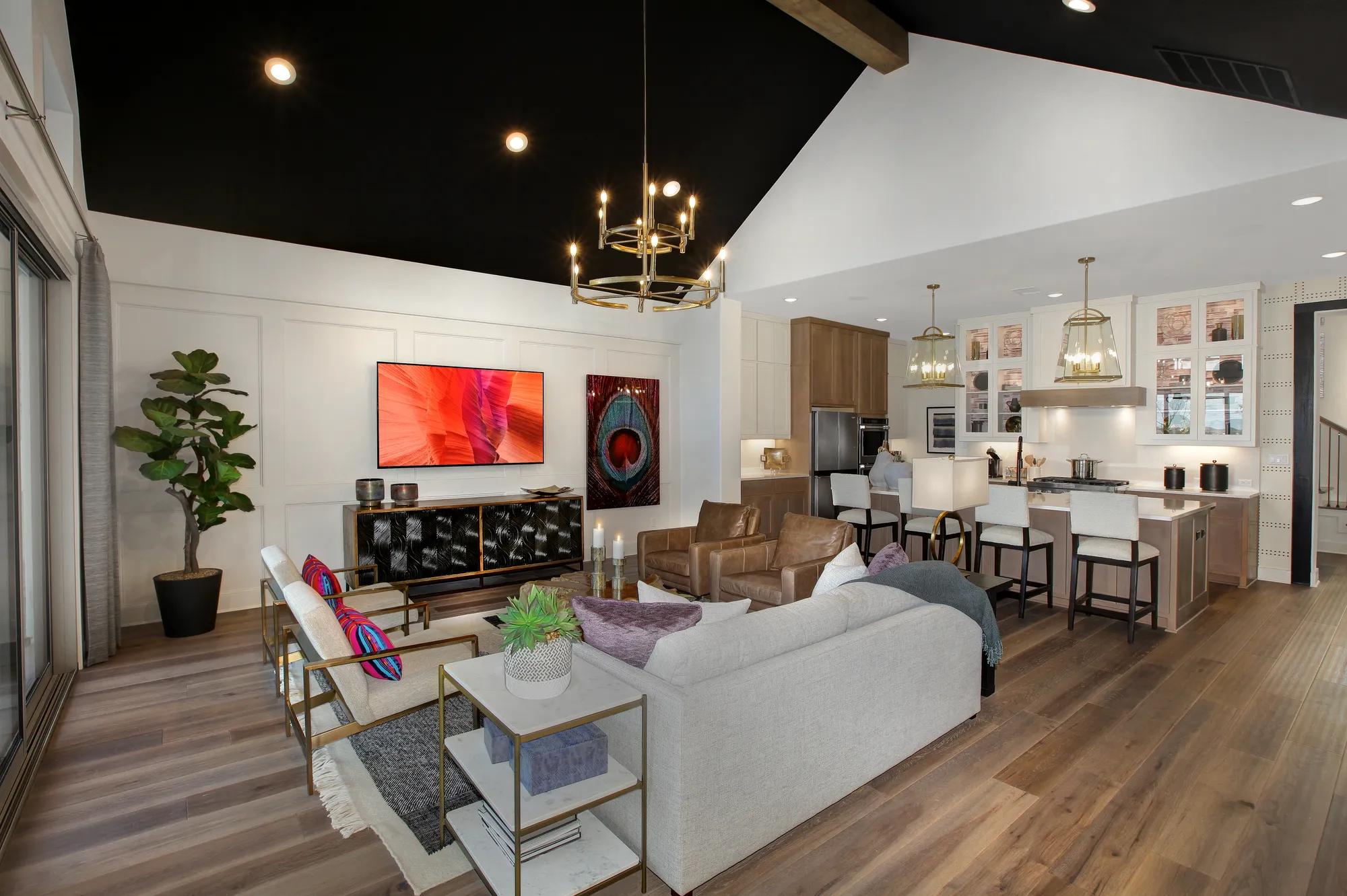 new family room with vaulted beam ceiling