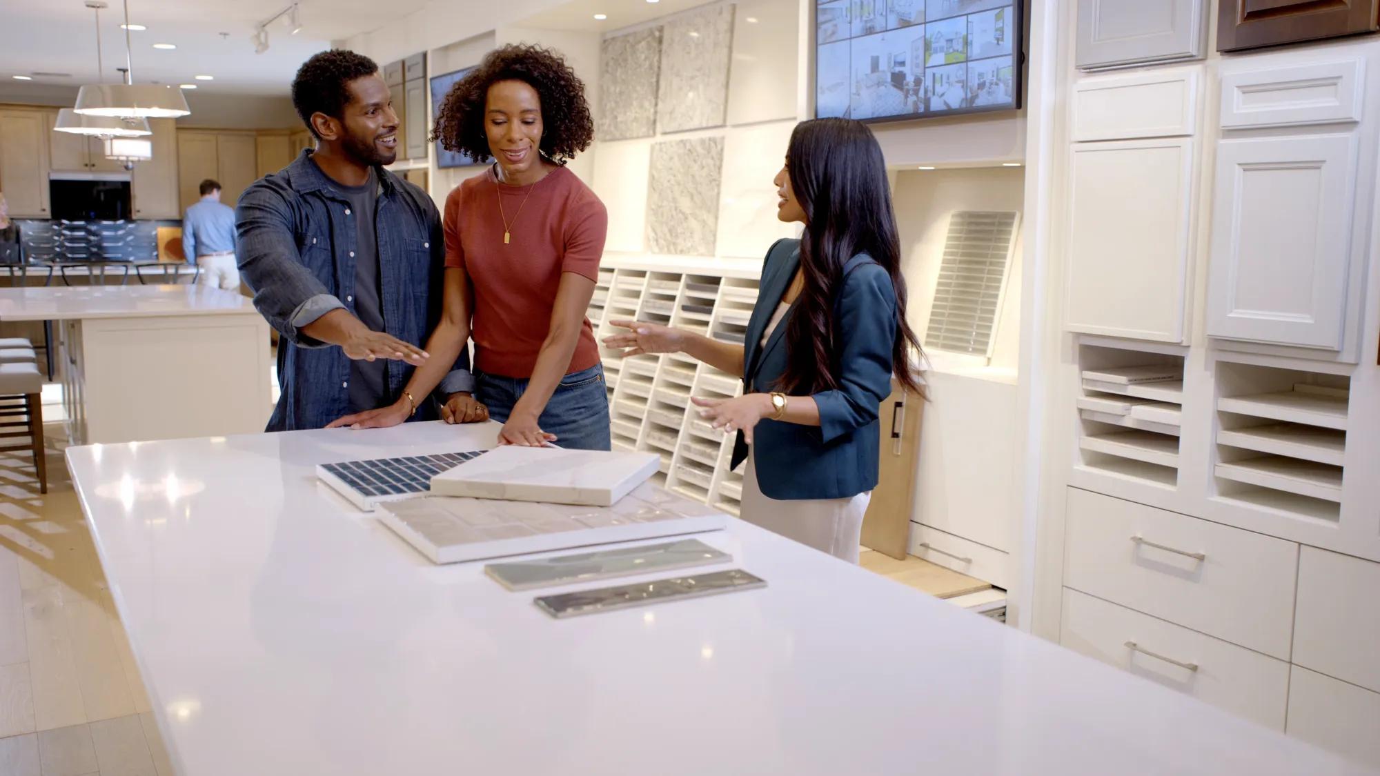 Couple selecting home finishes at Drees Design Center