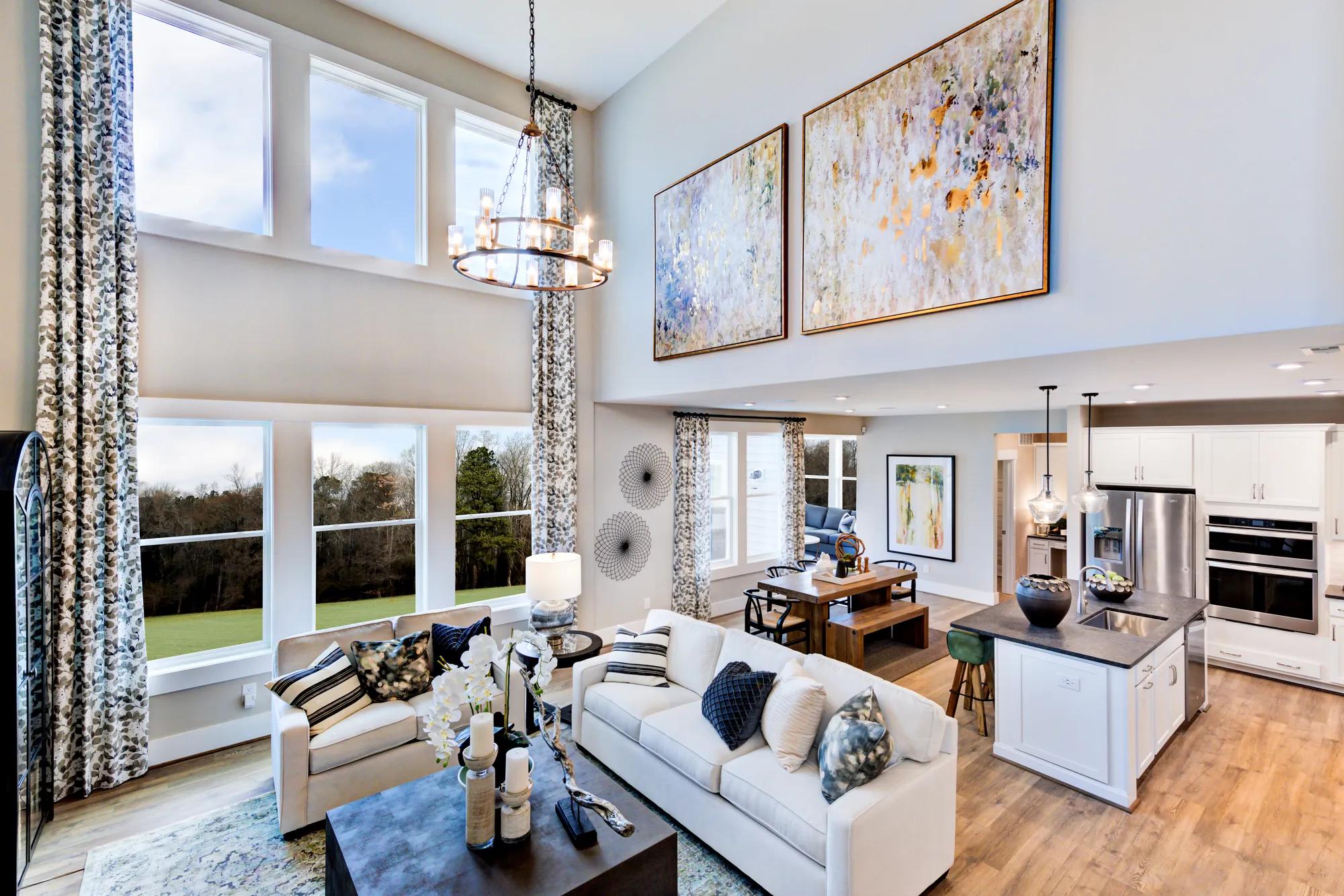 two-story family room with wall of windows