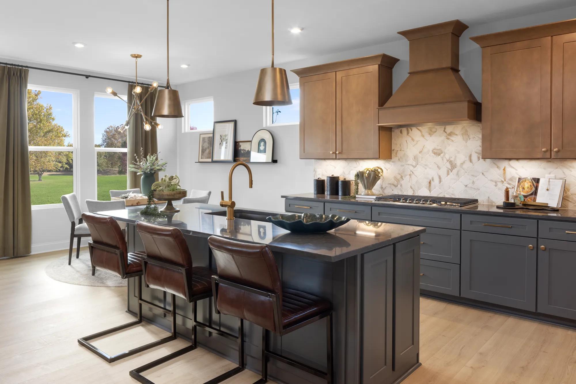 light cabinet
grey cabinet
vinyl floor
brushed bronze pendants
window treatments