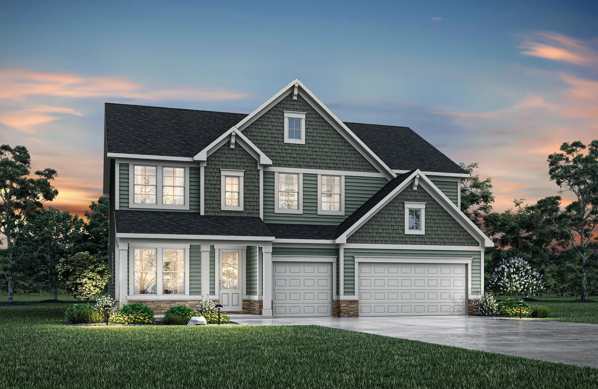 Siding with shingle siding and stone with patio house