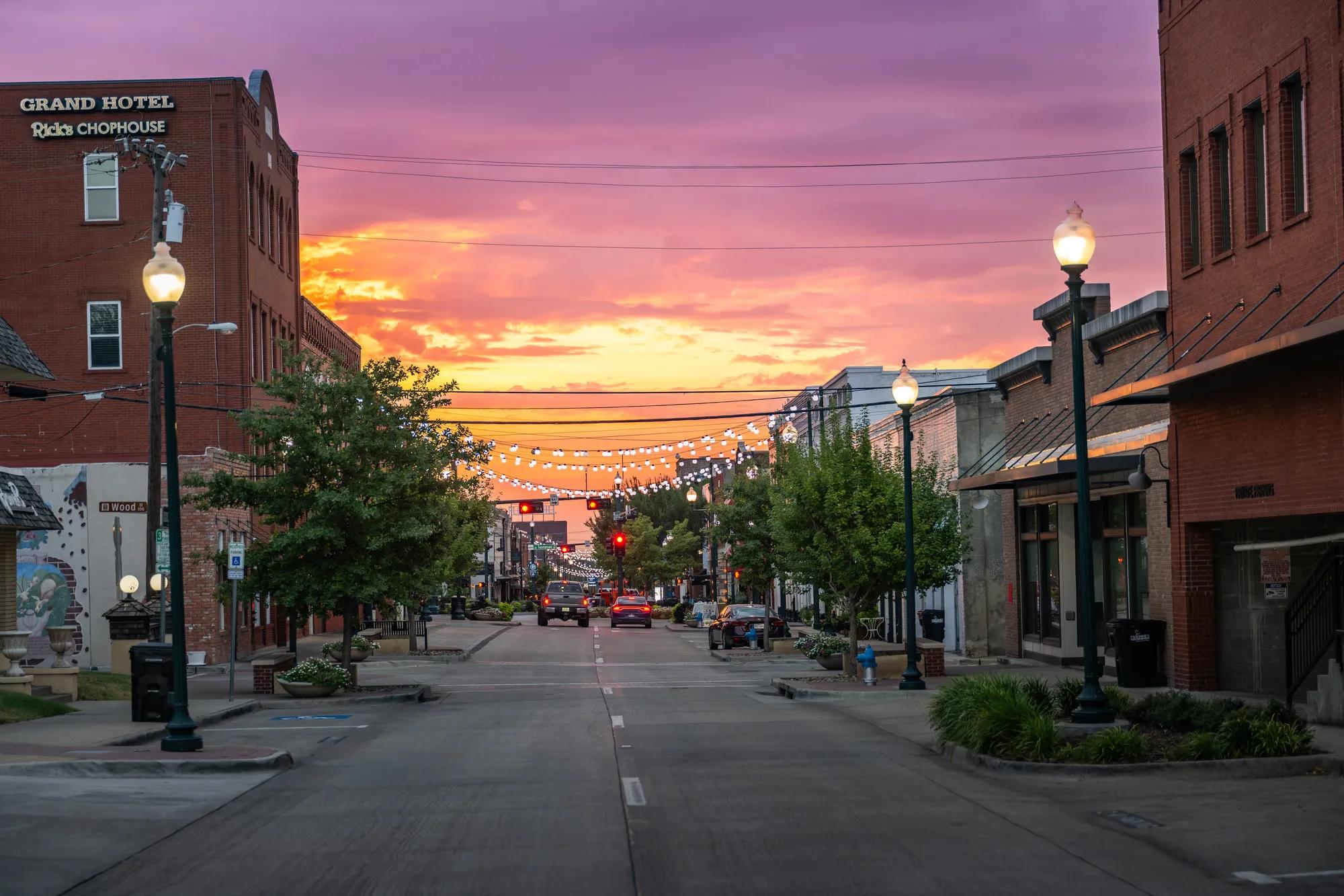 Streets of downtown McKinney, TX at sunset