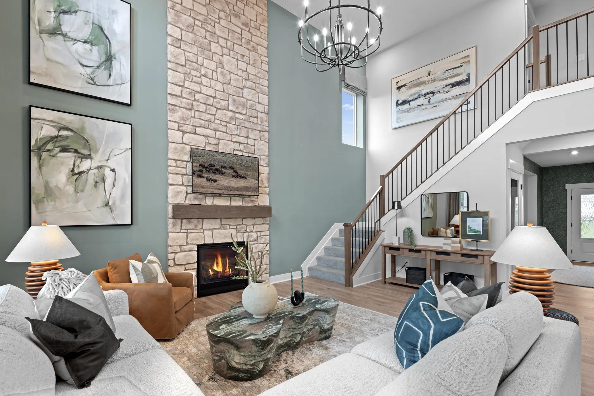new home two-story family room with fireplace