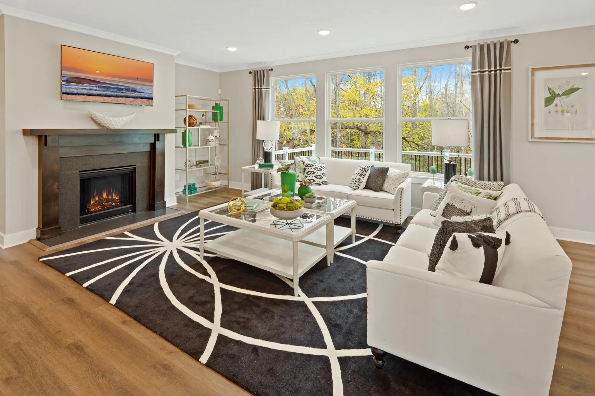 family room with fireplace and hardwood floor