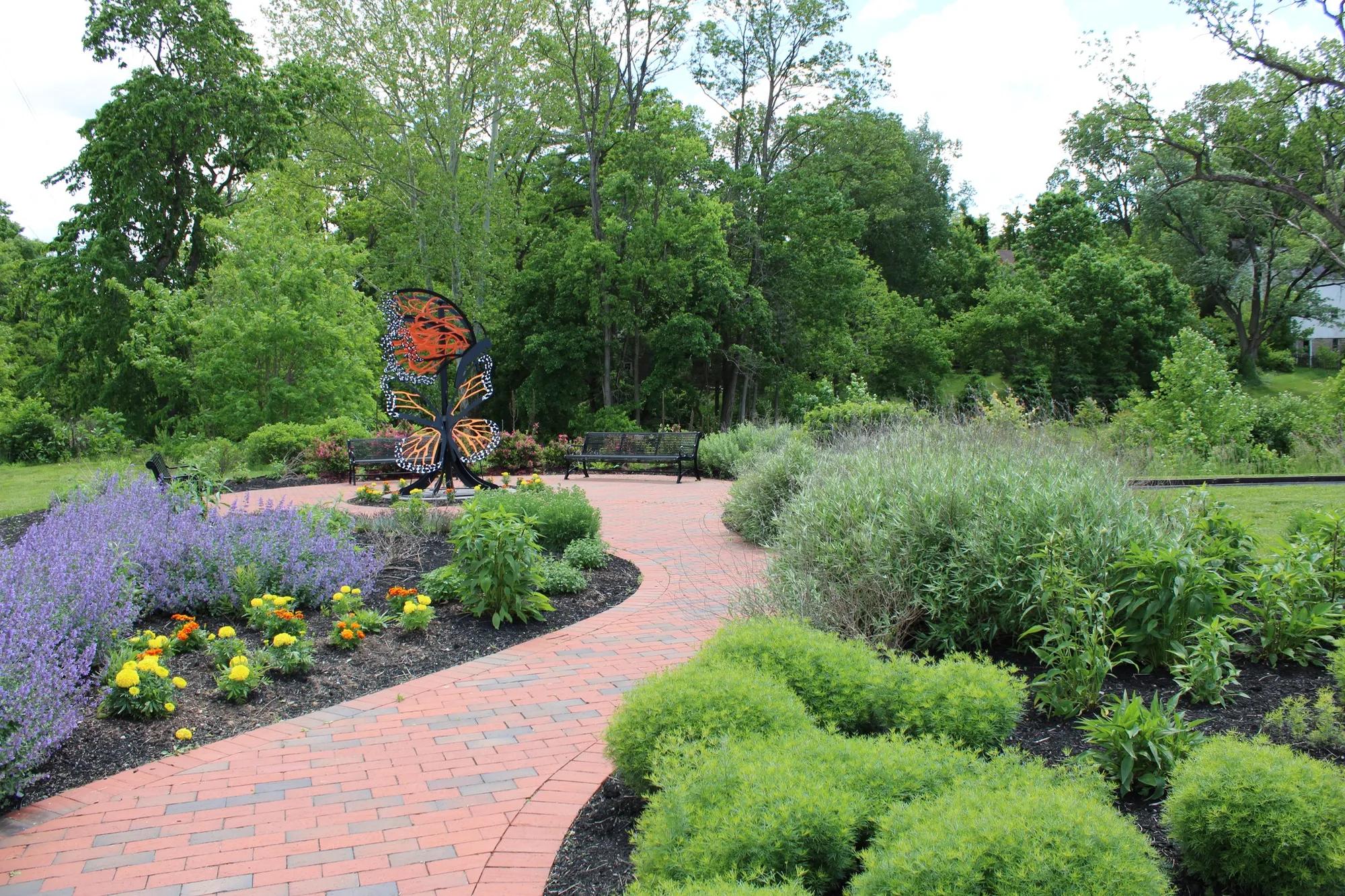 Image of a beautiful butterly park with flowers, path and benches
