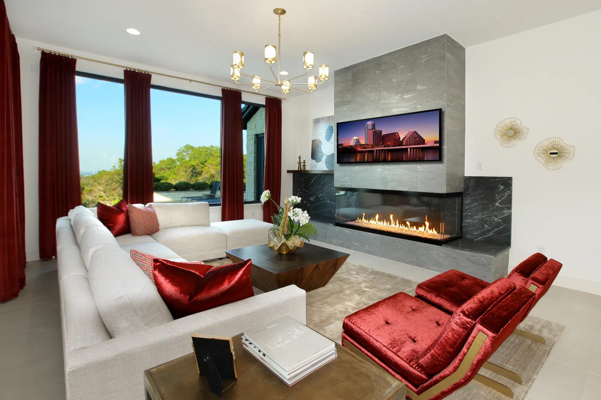 family room with contemporary fireplace