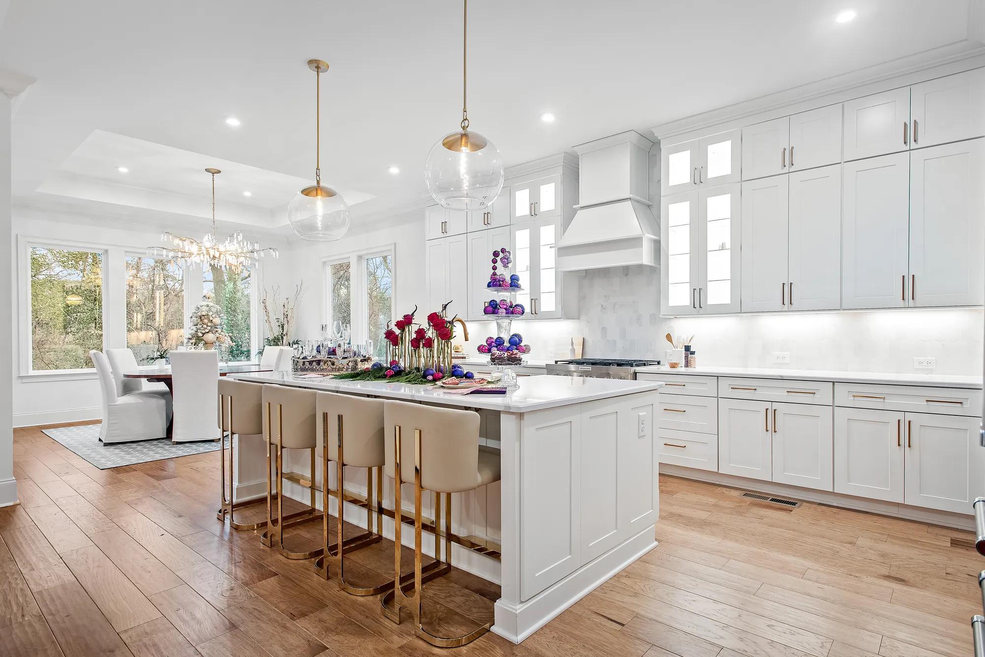 custom kitchen with island decorated for the holidays