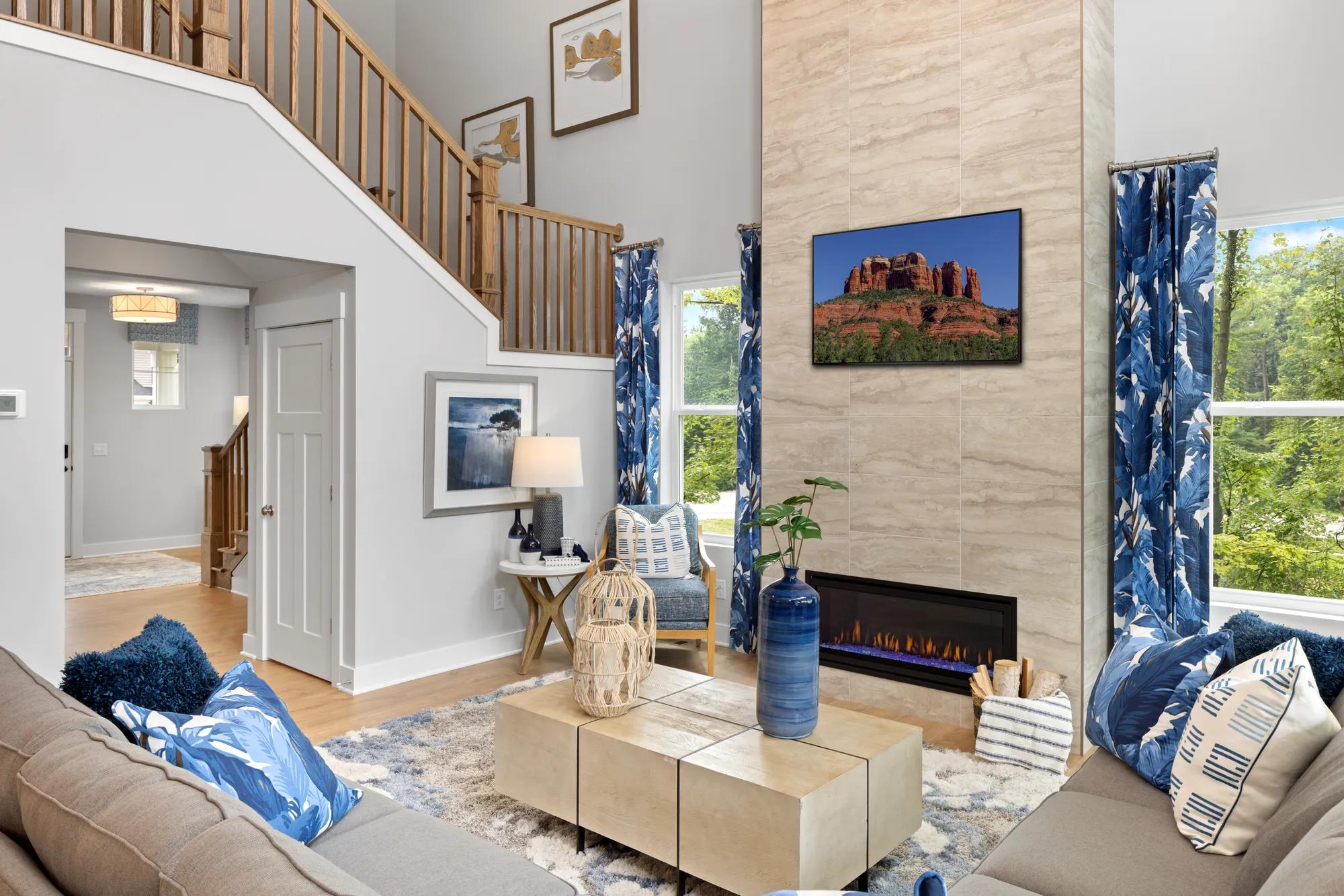 new family room with contemporary fireplace