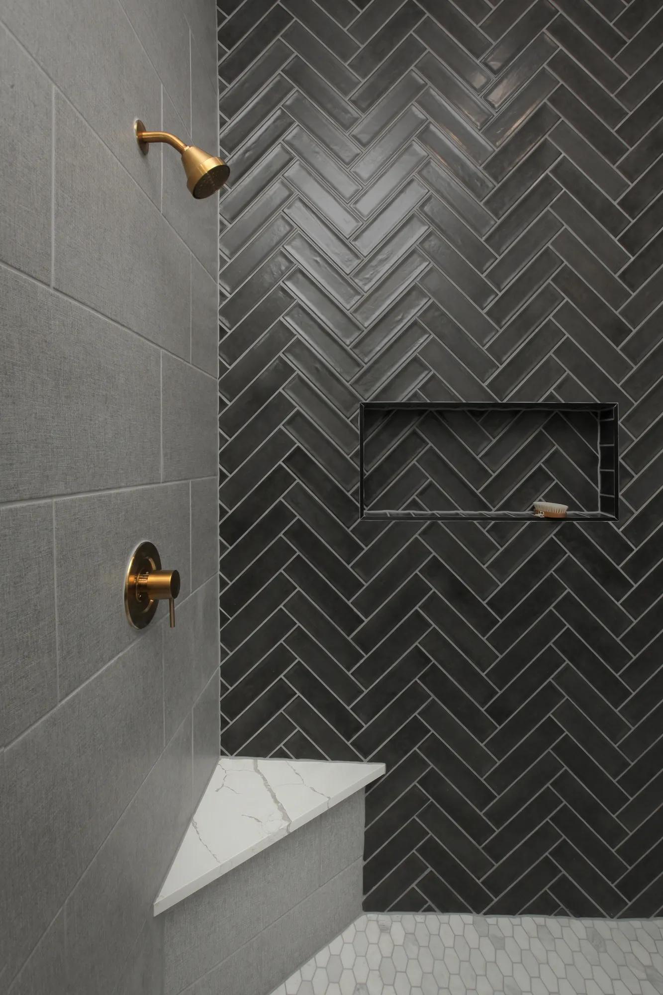 custom shower with chevron tile