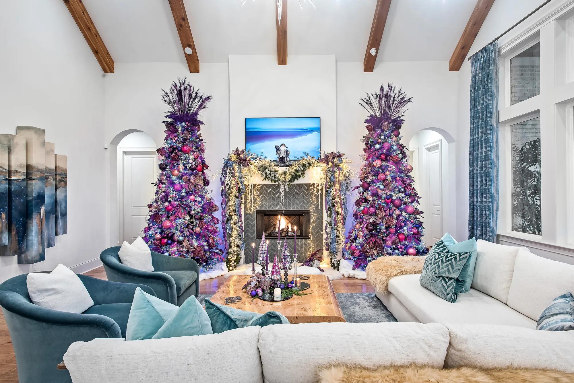 custom Drees family room with purple holiday decor