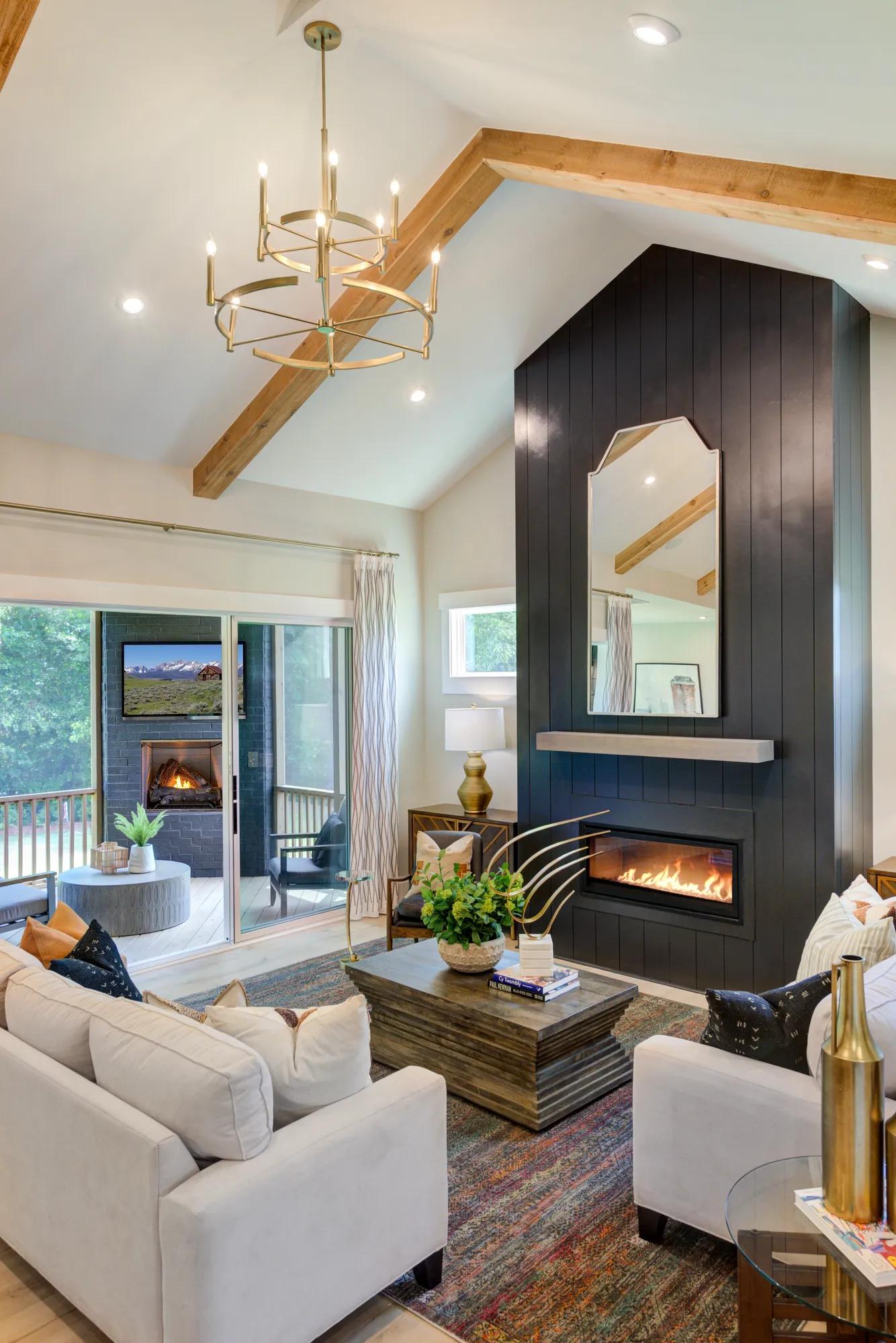 new custom home family room with vaulted ceilings and fireplace