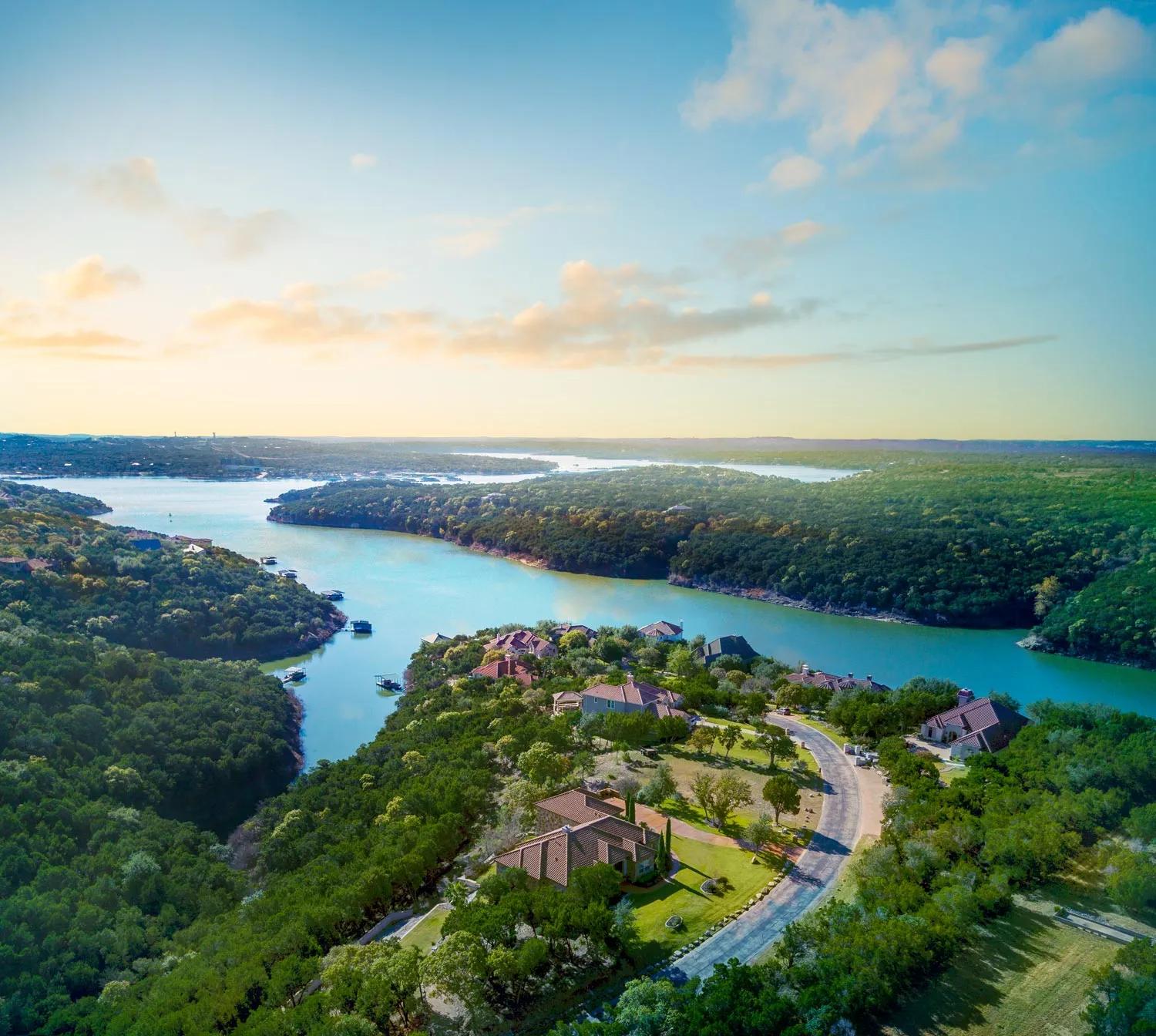 Aerial view of lake homes in Jonestown, TX