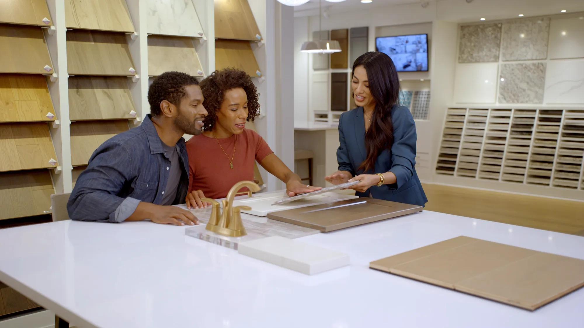 Couple selecting finishes at Drees Design Center