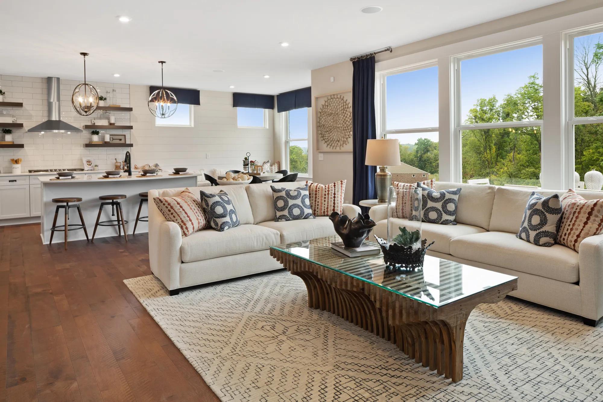 Family room with wall of windows