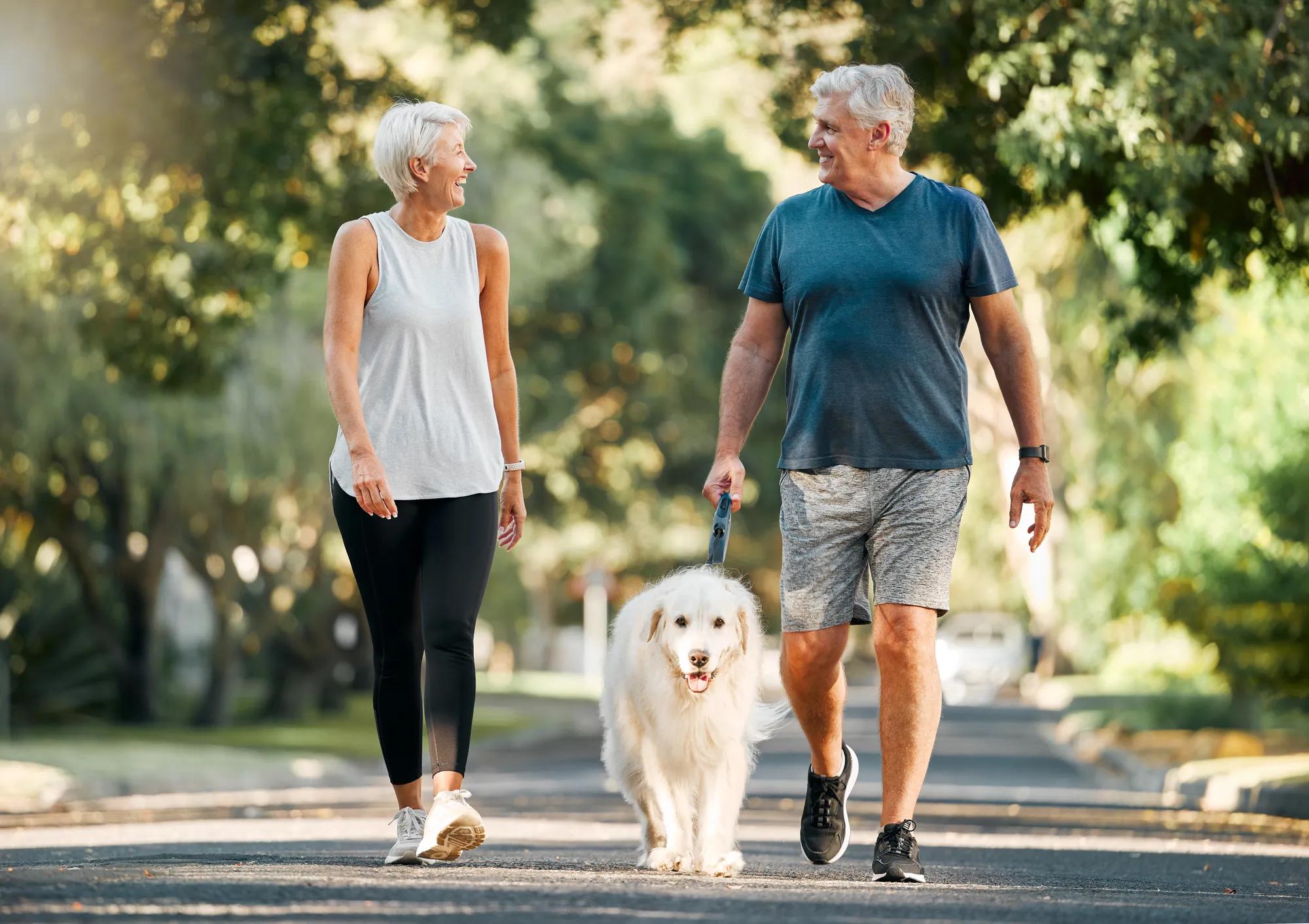 Couple walking dog on outdoor park trail