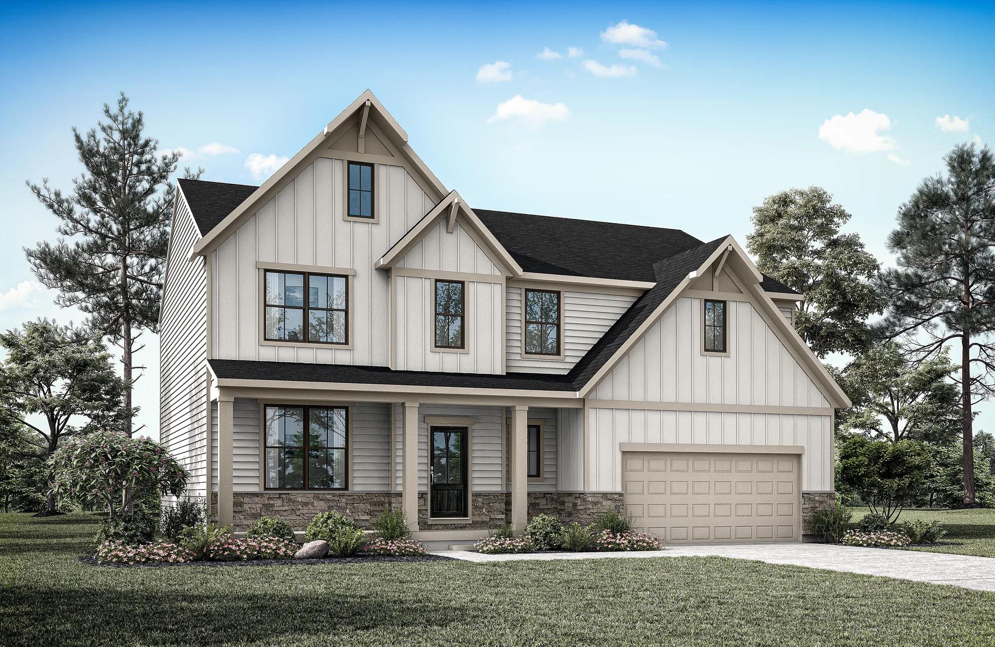 Siding over stone with board and batten with patio house