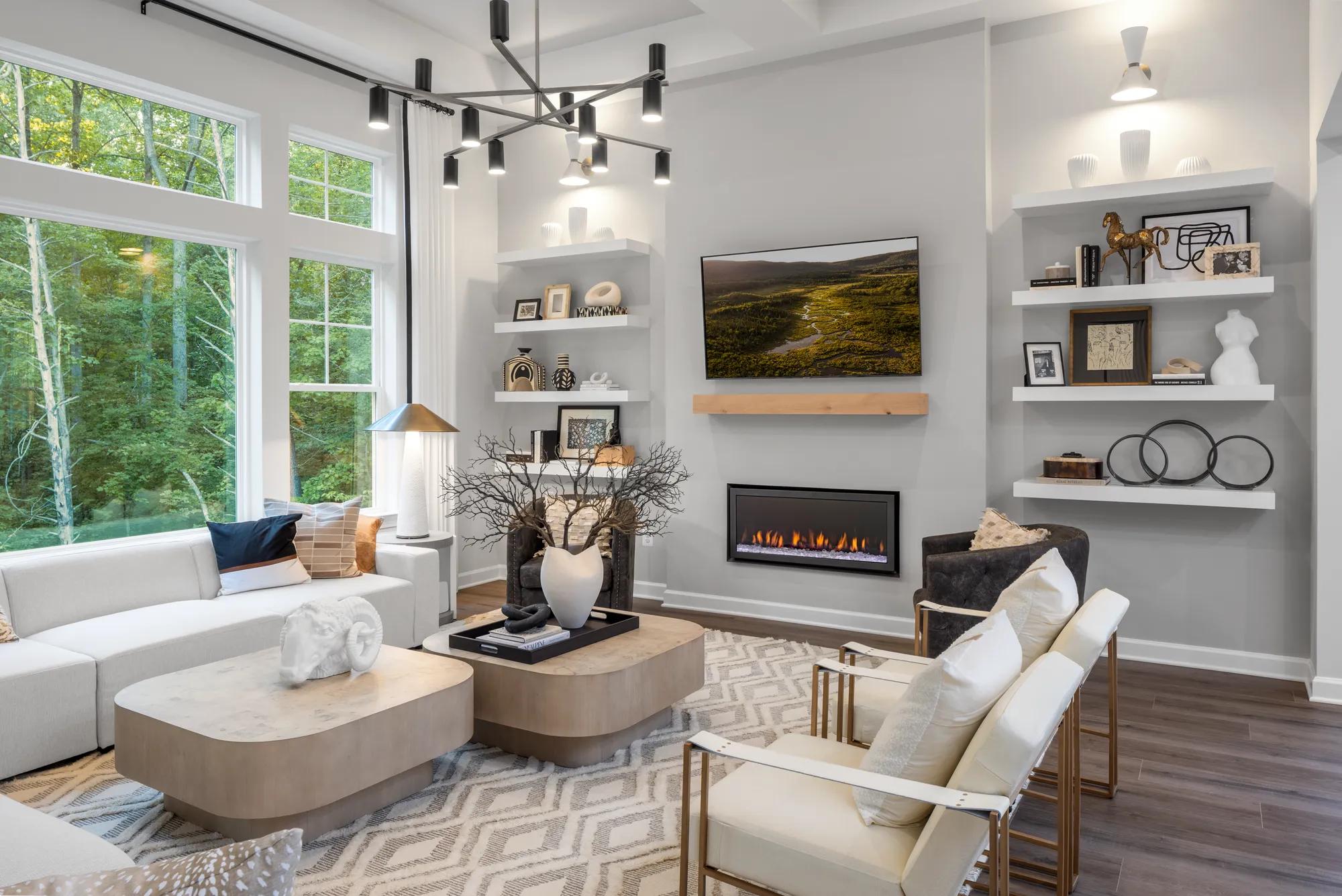 new home family room with contemporary fireplace