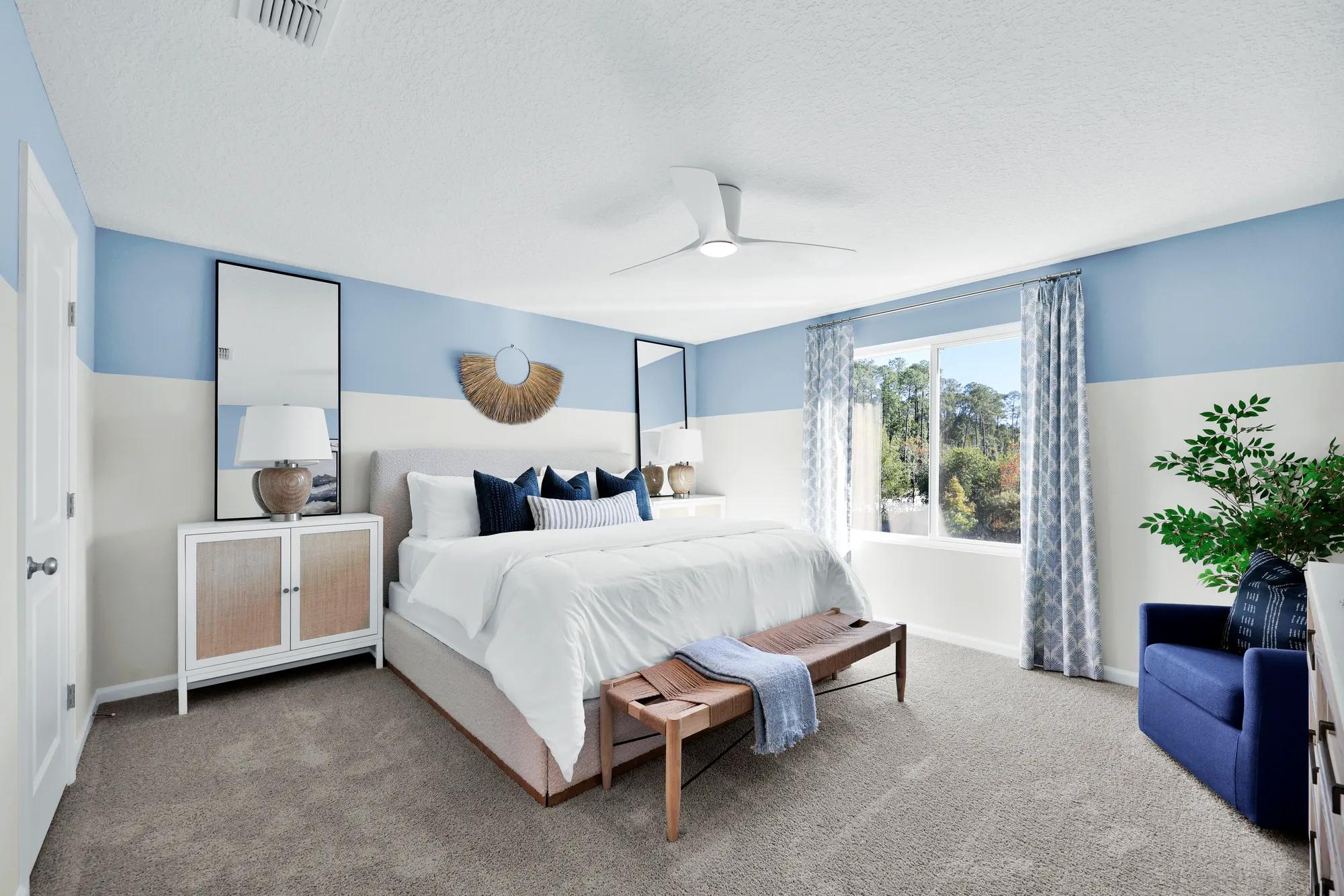 custom home primary owner's suite with carpet and patterned wall