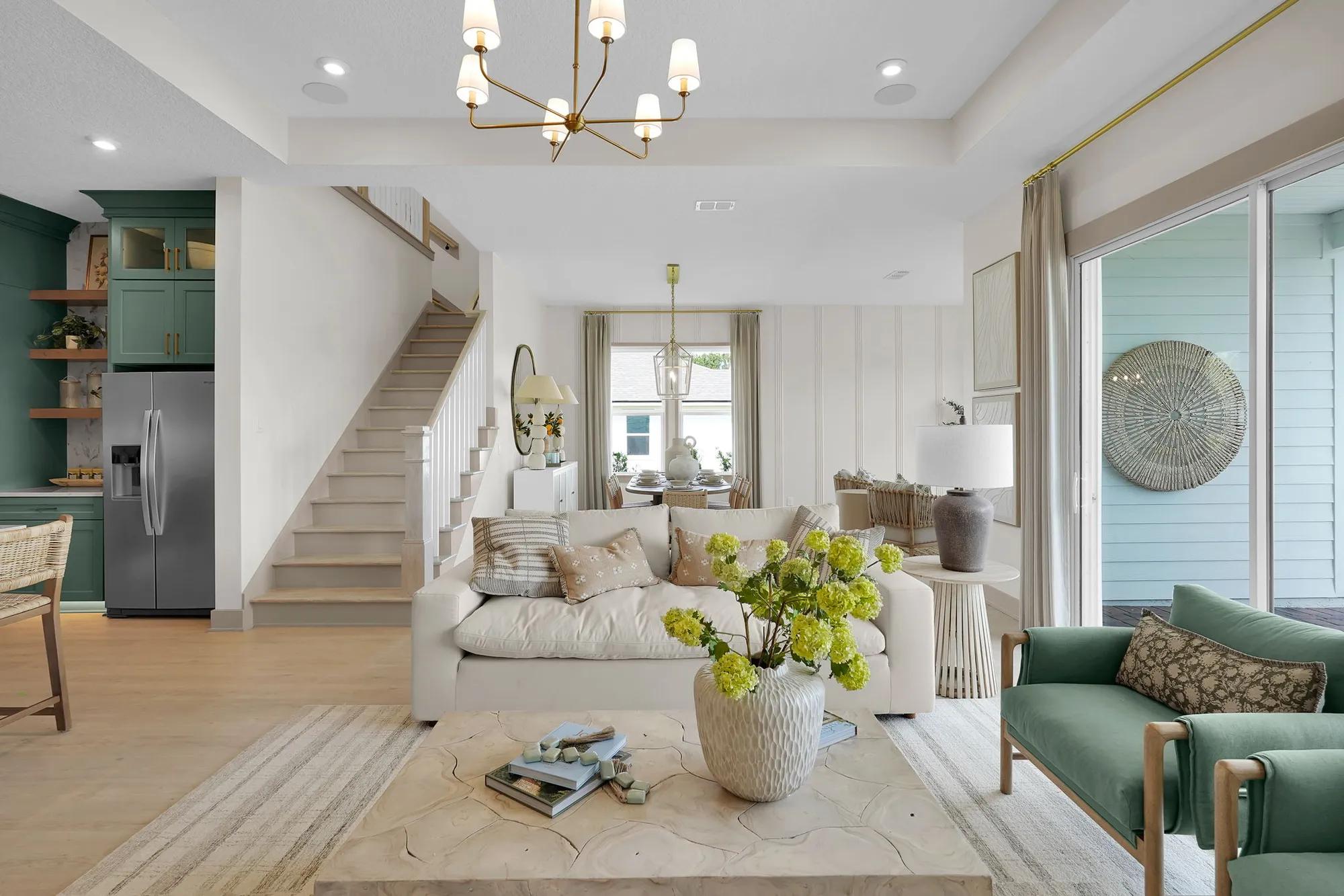 New home family room with staircase