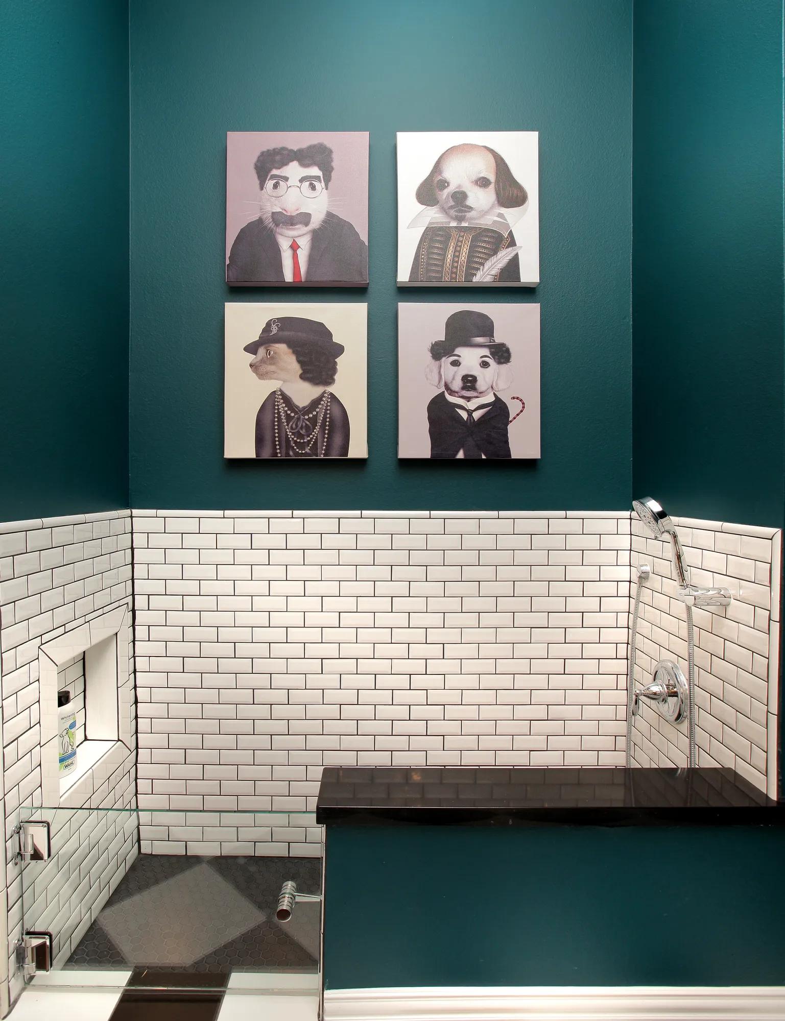 Dog wash with subway tile surround