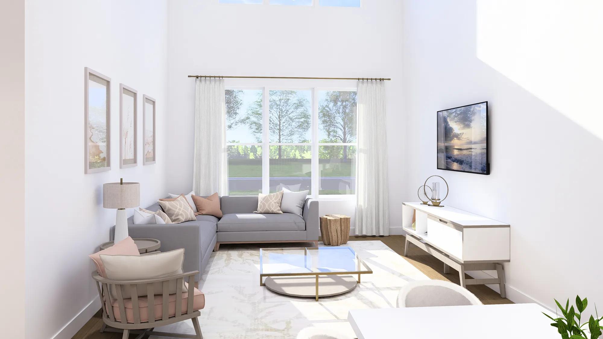 New home two story living room with lots of natural light