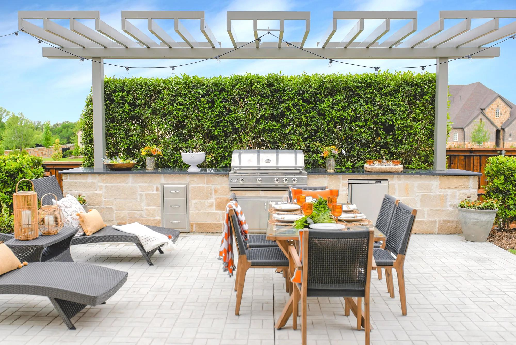 Custom home outdoor living with plenty of seating